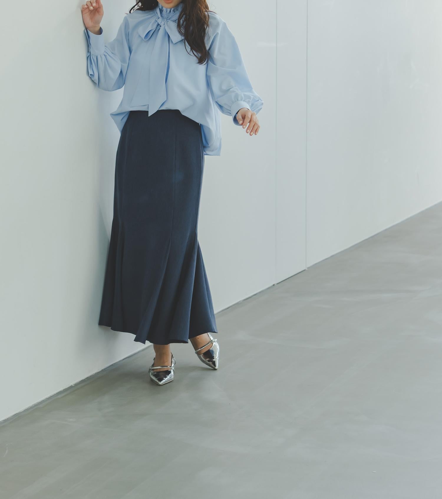 ヘム切替マーメイドスカート シャンブレーネイビー
