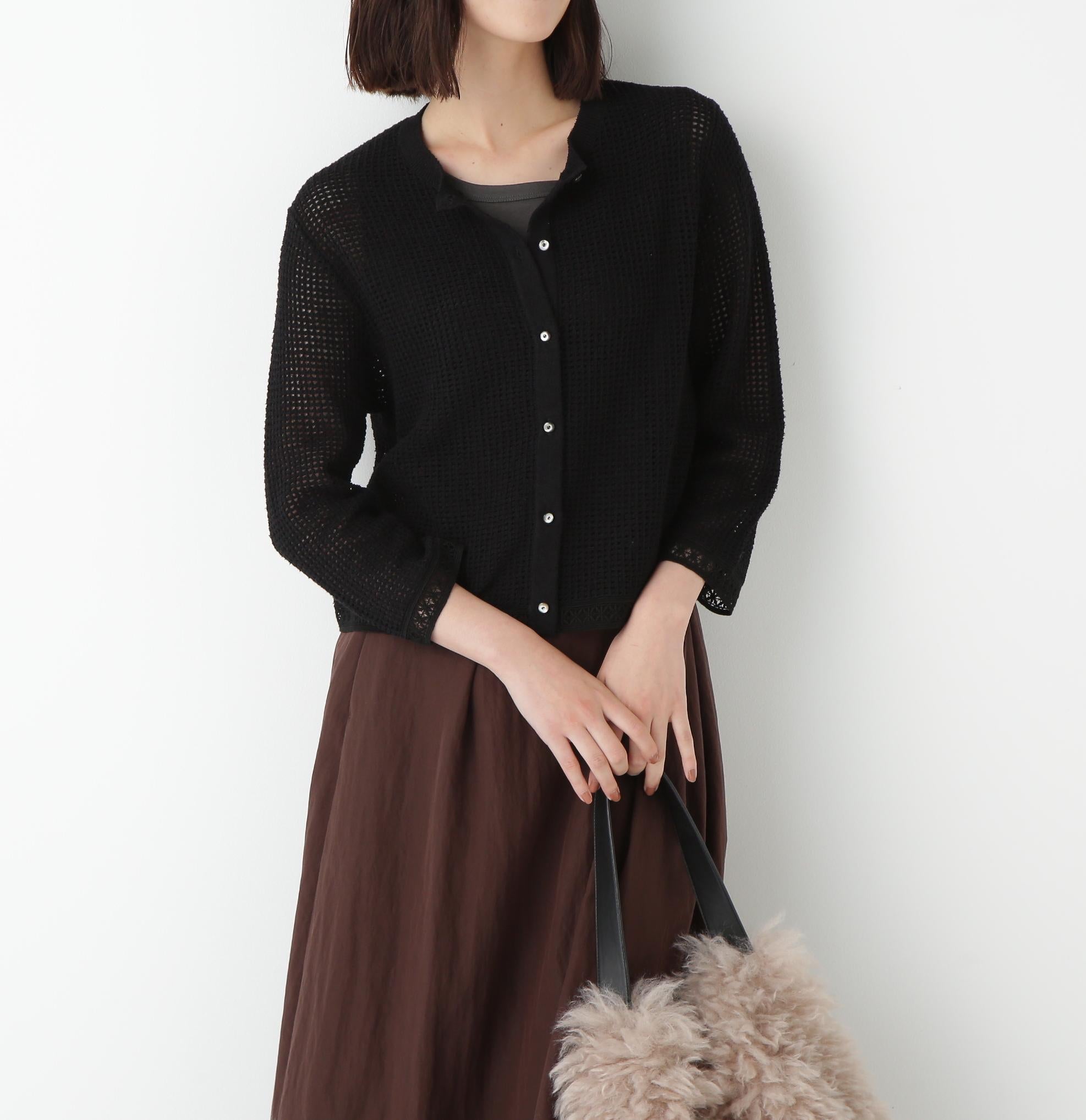 ◆透かしブークレニットカーディガン ブラック
