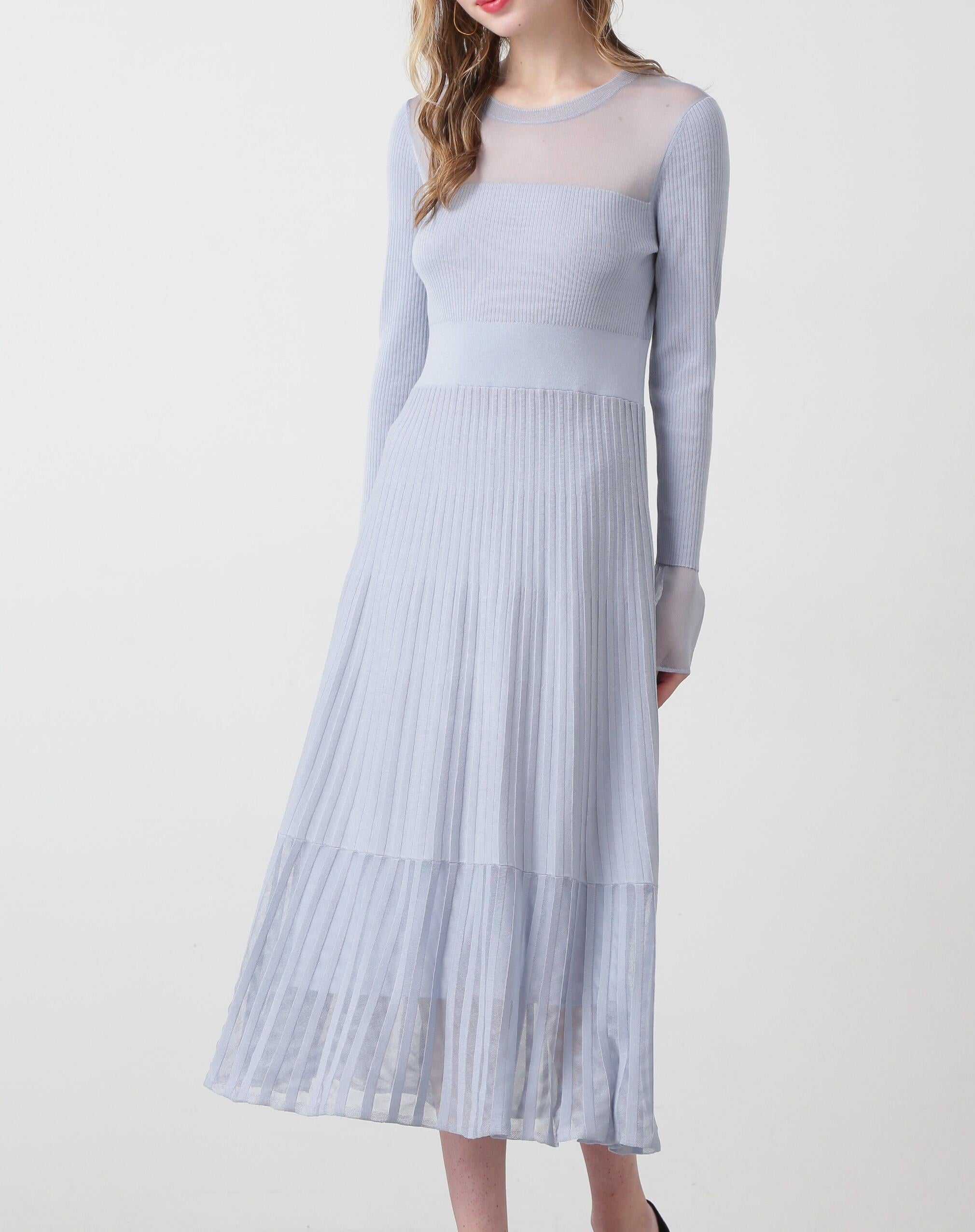 ◆シアーコンビフレアーニットワンピース サックスブルー2