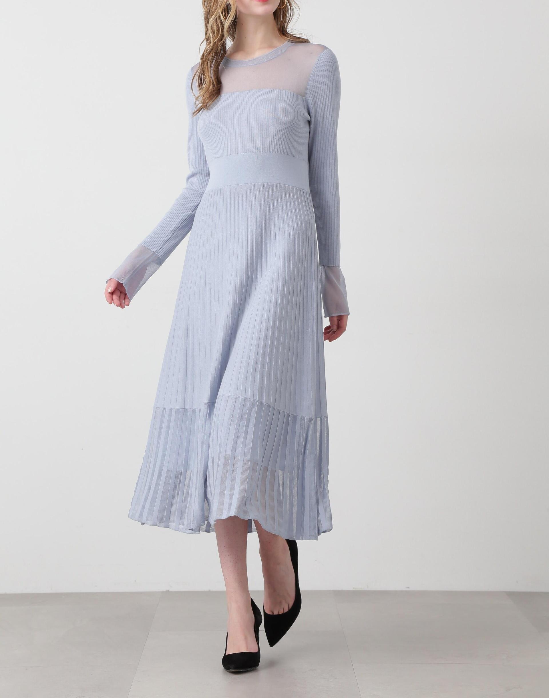 ◆シアーコンビフレアーニットワンピース サックスブルー2