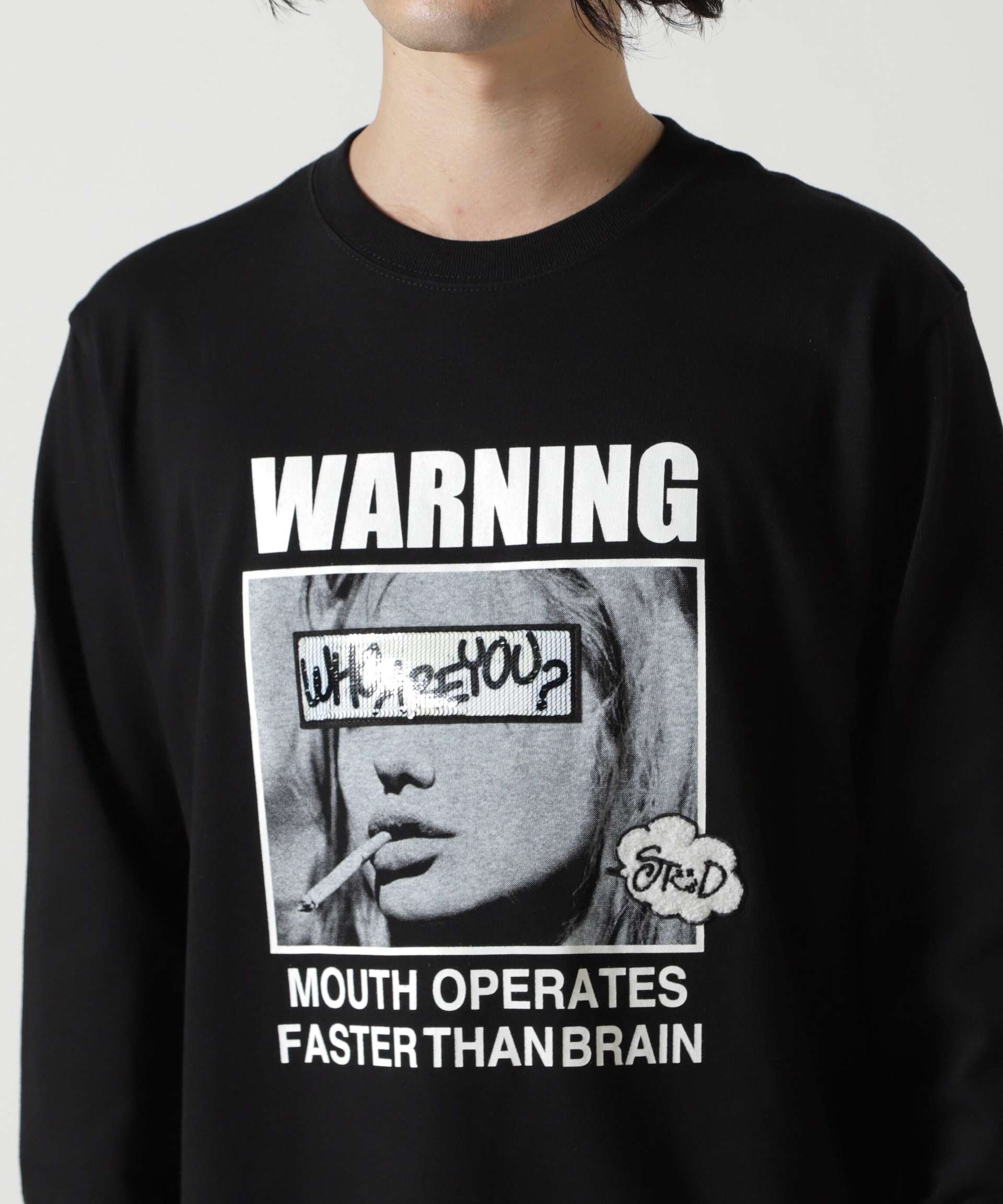 STUD MUFFIN/スタッドマフィン/Waninng シークイン L/S Tee ブラック