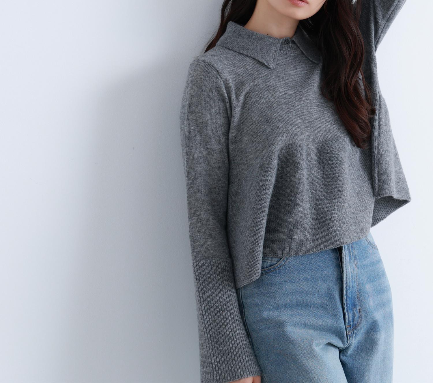 襟付きペプラムニット グレー