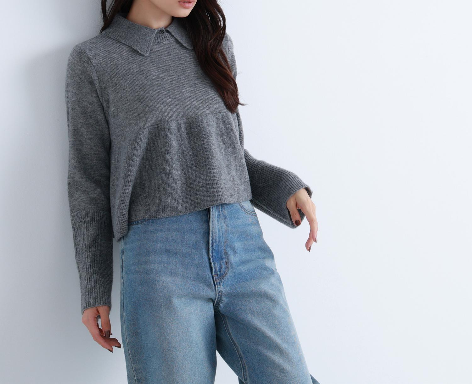 襟付きペプラムニット グレー