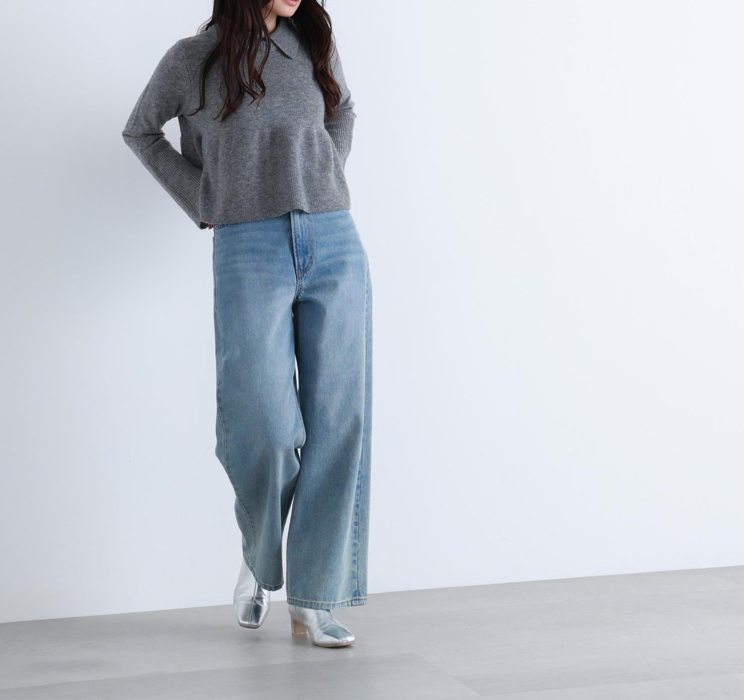 襟付きペプラムニット グレー