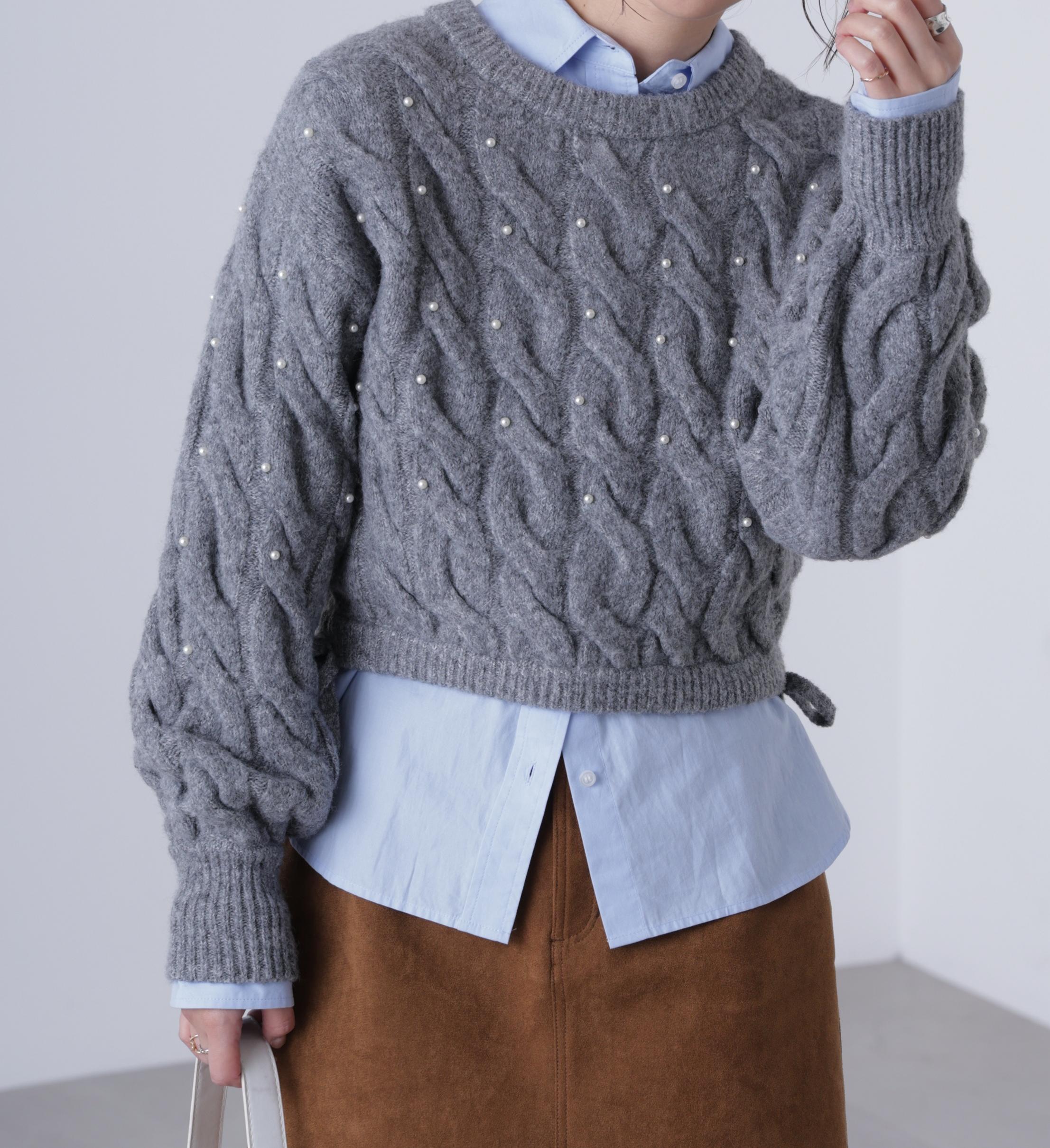 ウエストゴムパールミックスケーブルドロストニット グレー