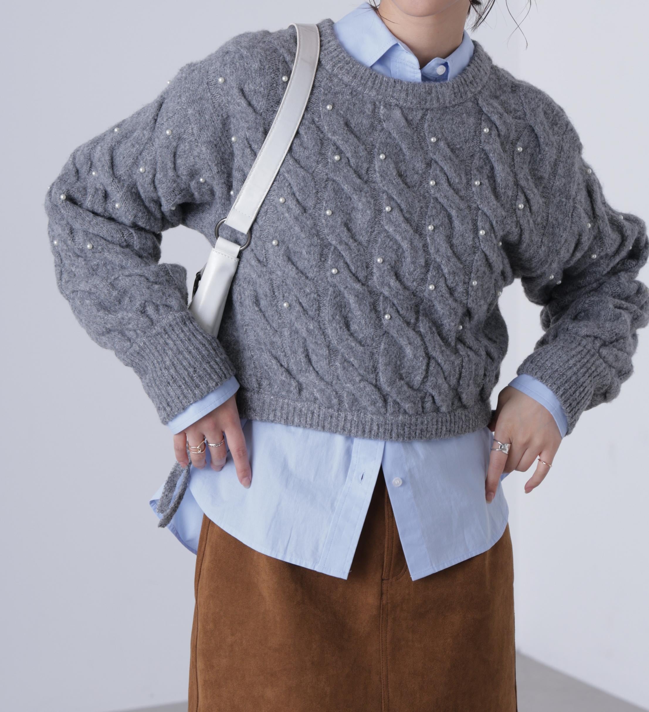 ウエストゴムパールミックスケーブルドロストニット グレー