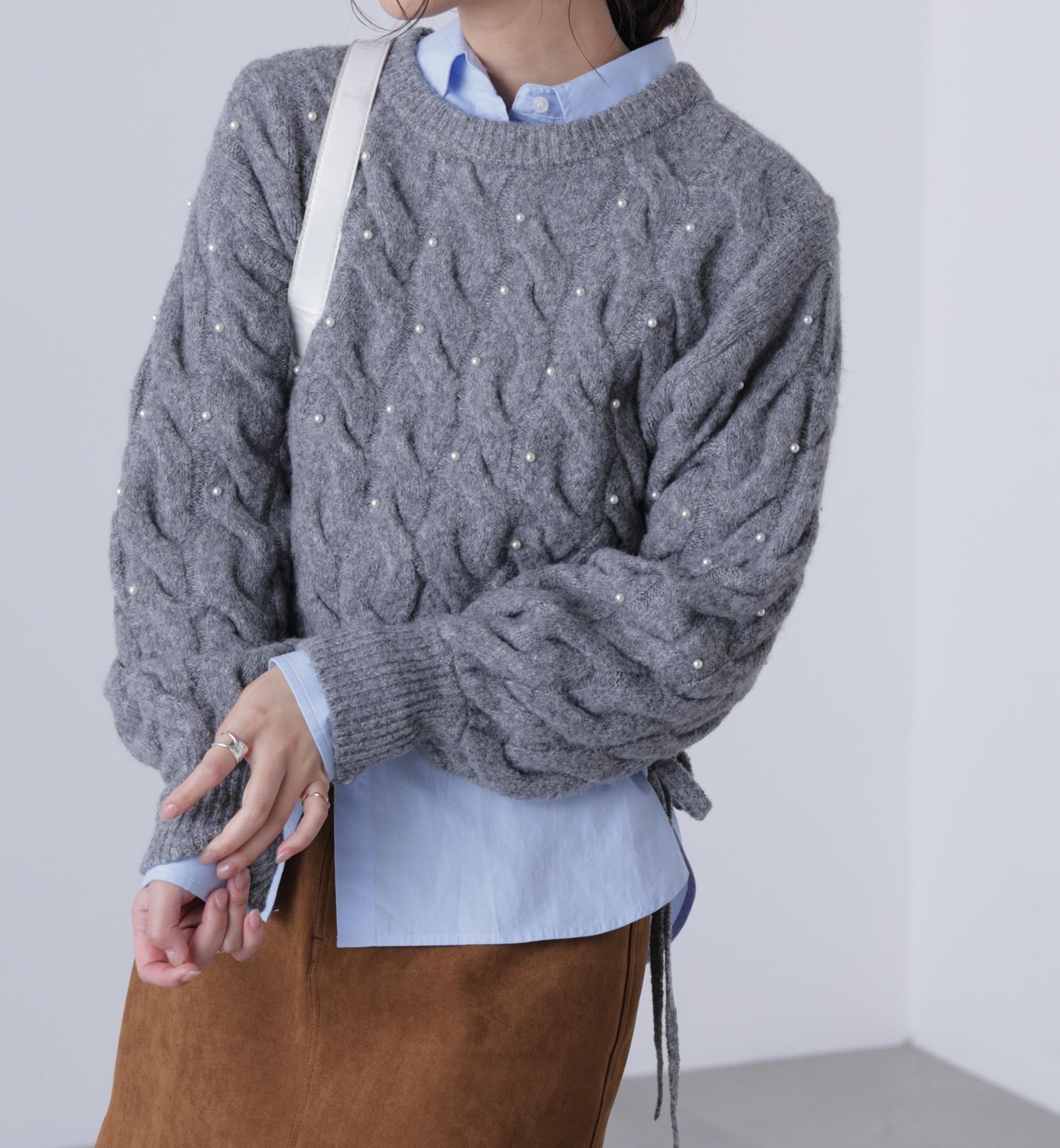 ウエストゴムパールミックスケーブルドロストニット グレー