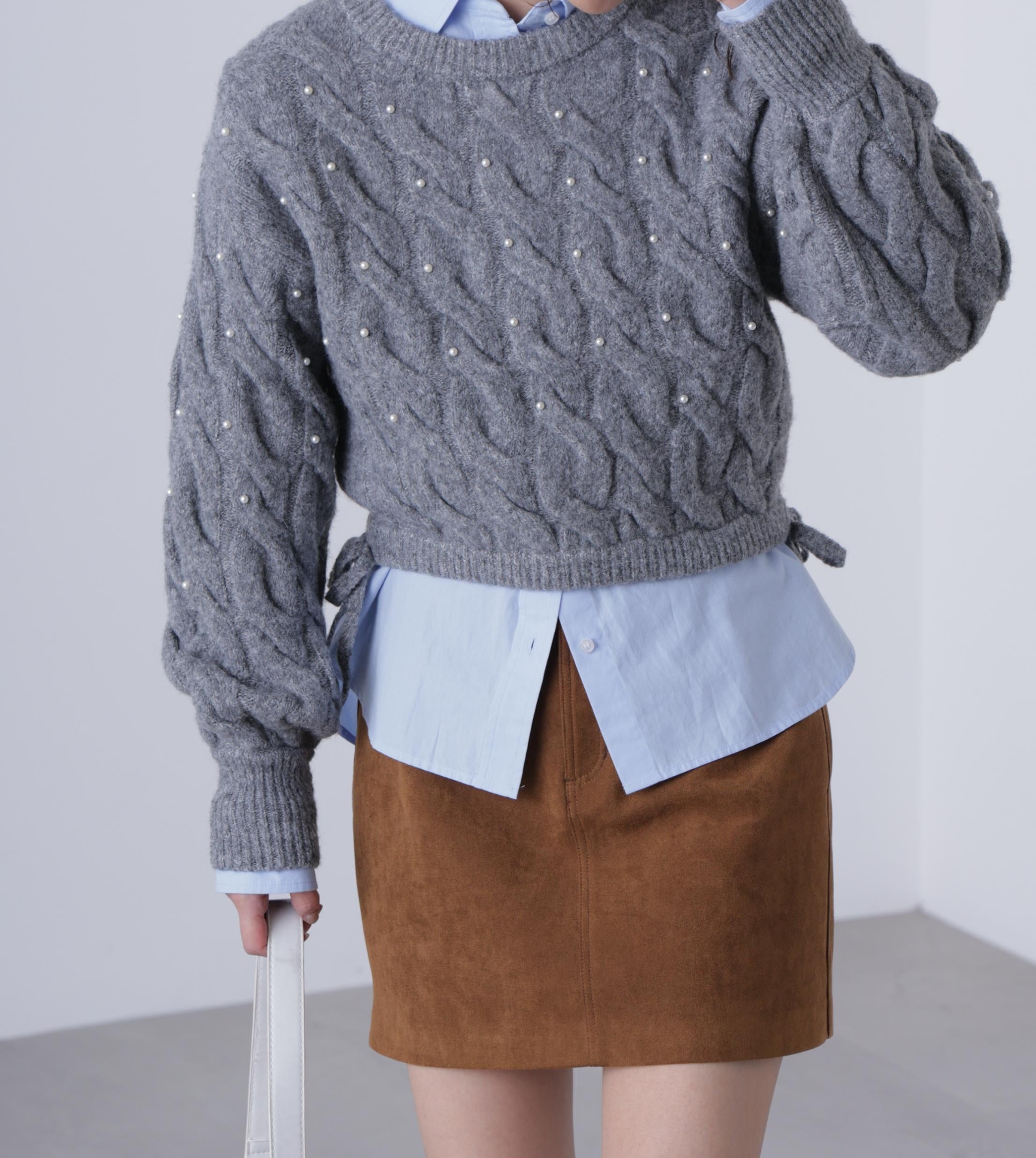 ウエストゴムパールミックスケーブルドロストニット グレー