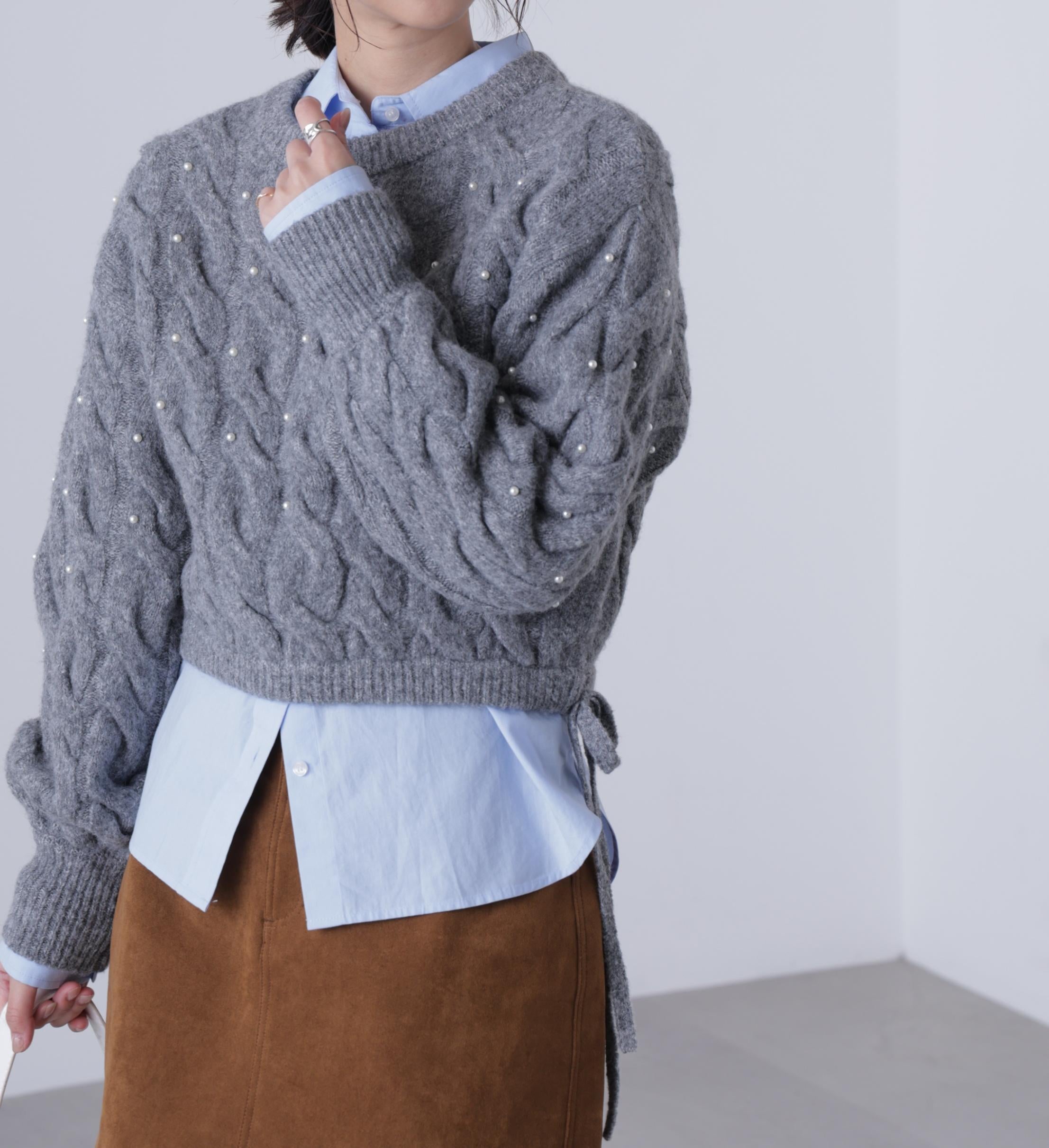 ウエストゴムパールミックスケーブルドロストニット グレー