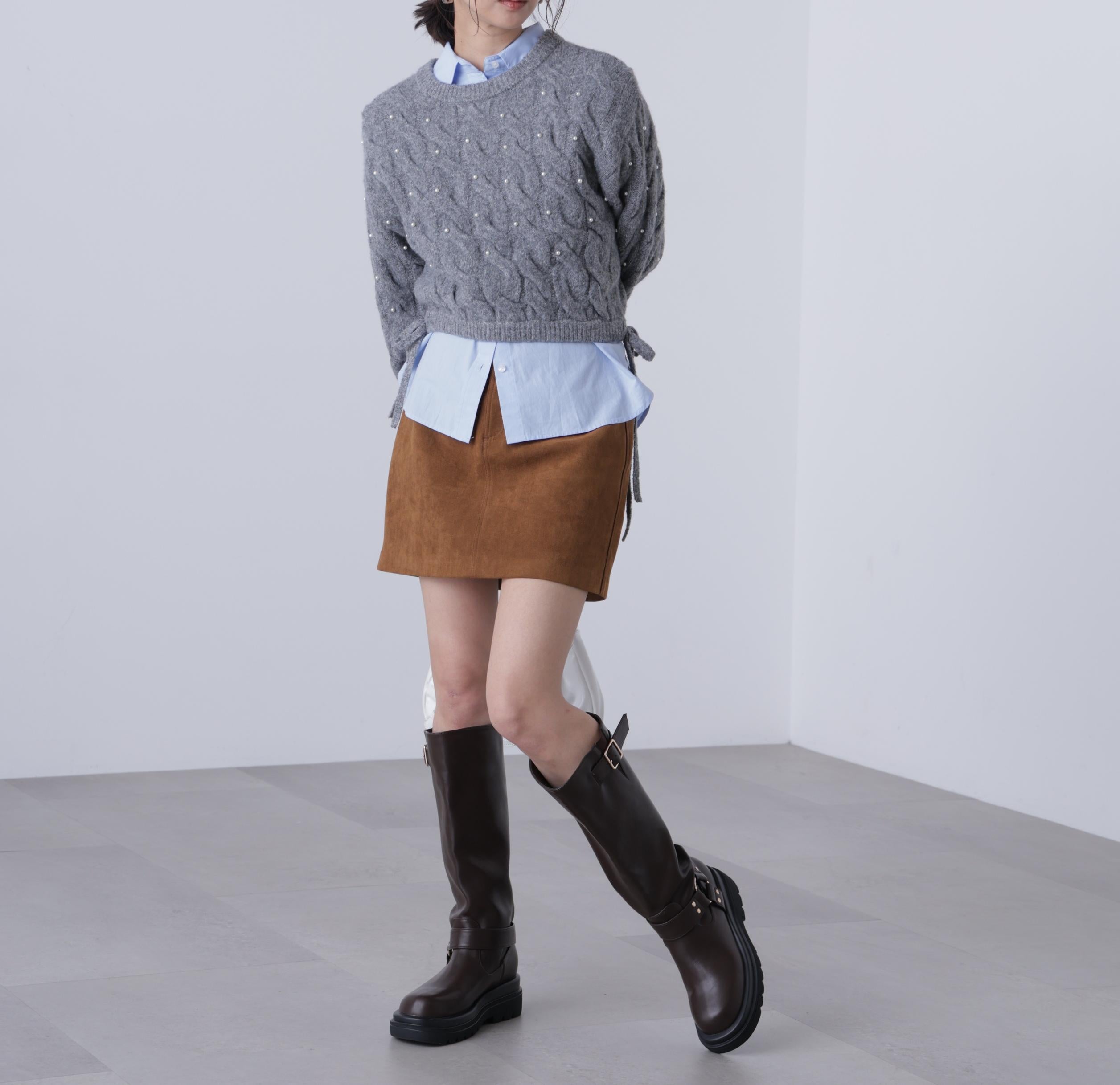 ウエストゴムパールミックスケーブルドロストニット グレー