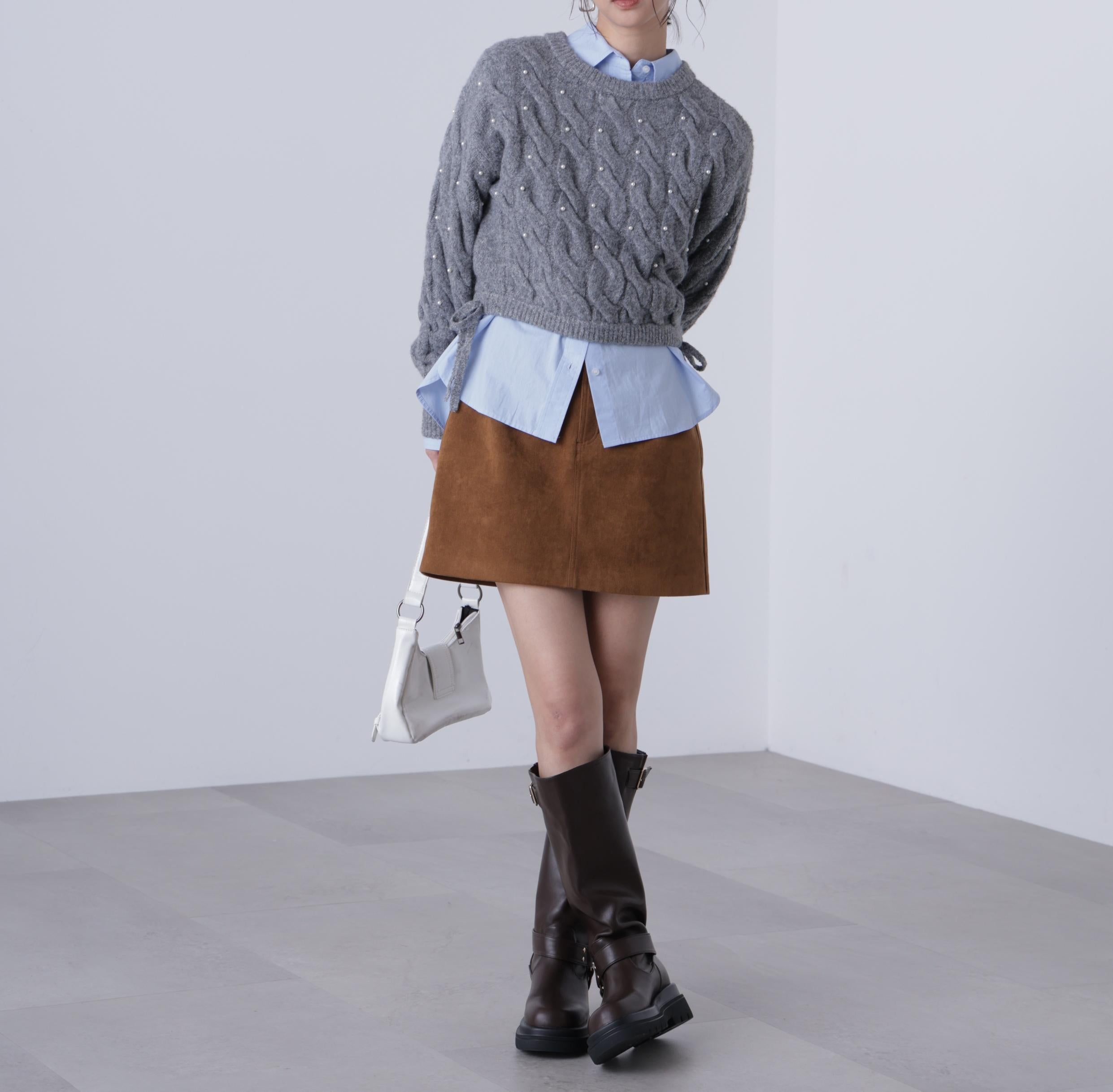 ウエストゴムパールミックスケーブルドロストニット グレー