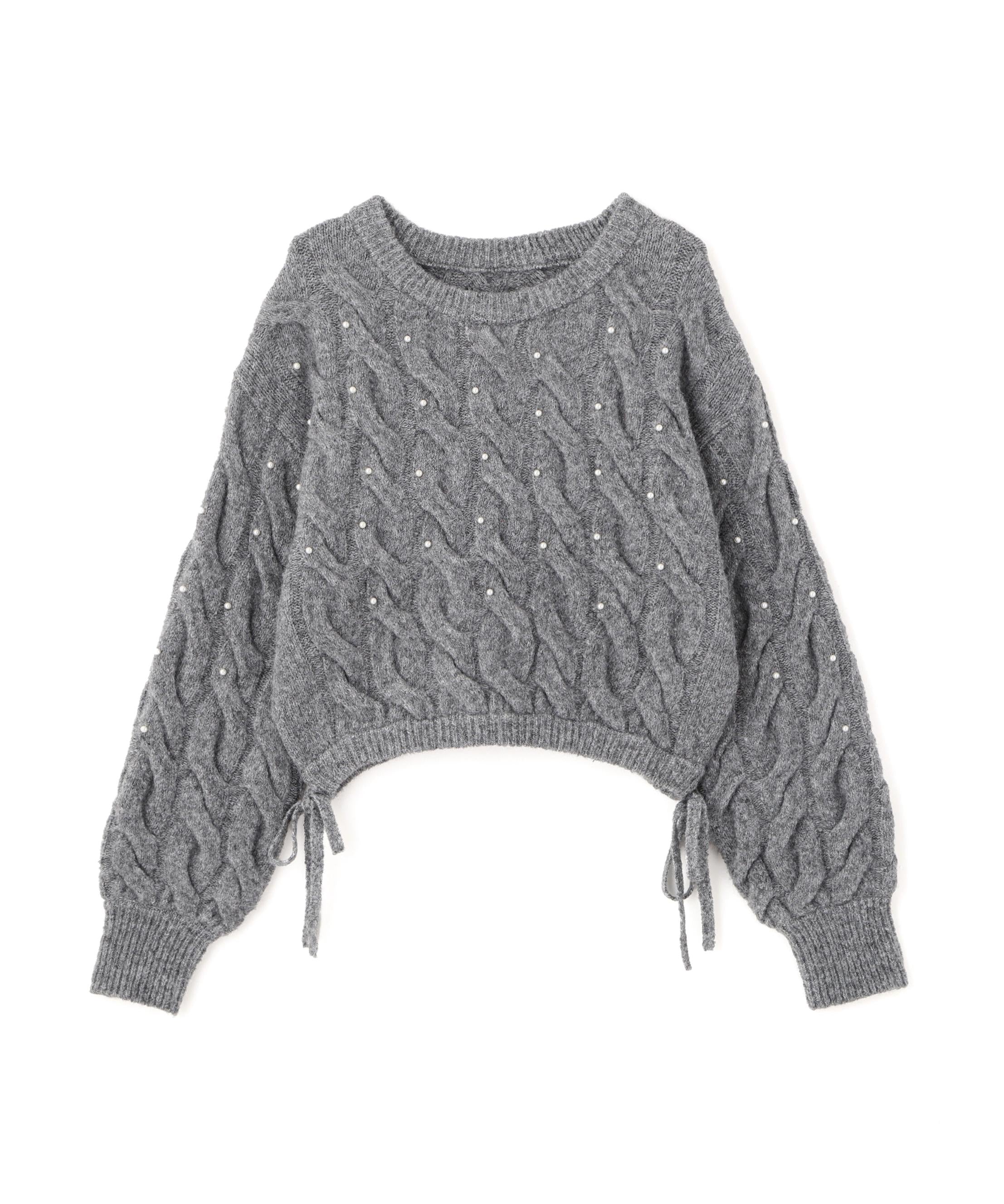 ウエストゴムパールミックスケーブルドロストニット グレー