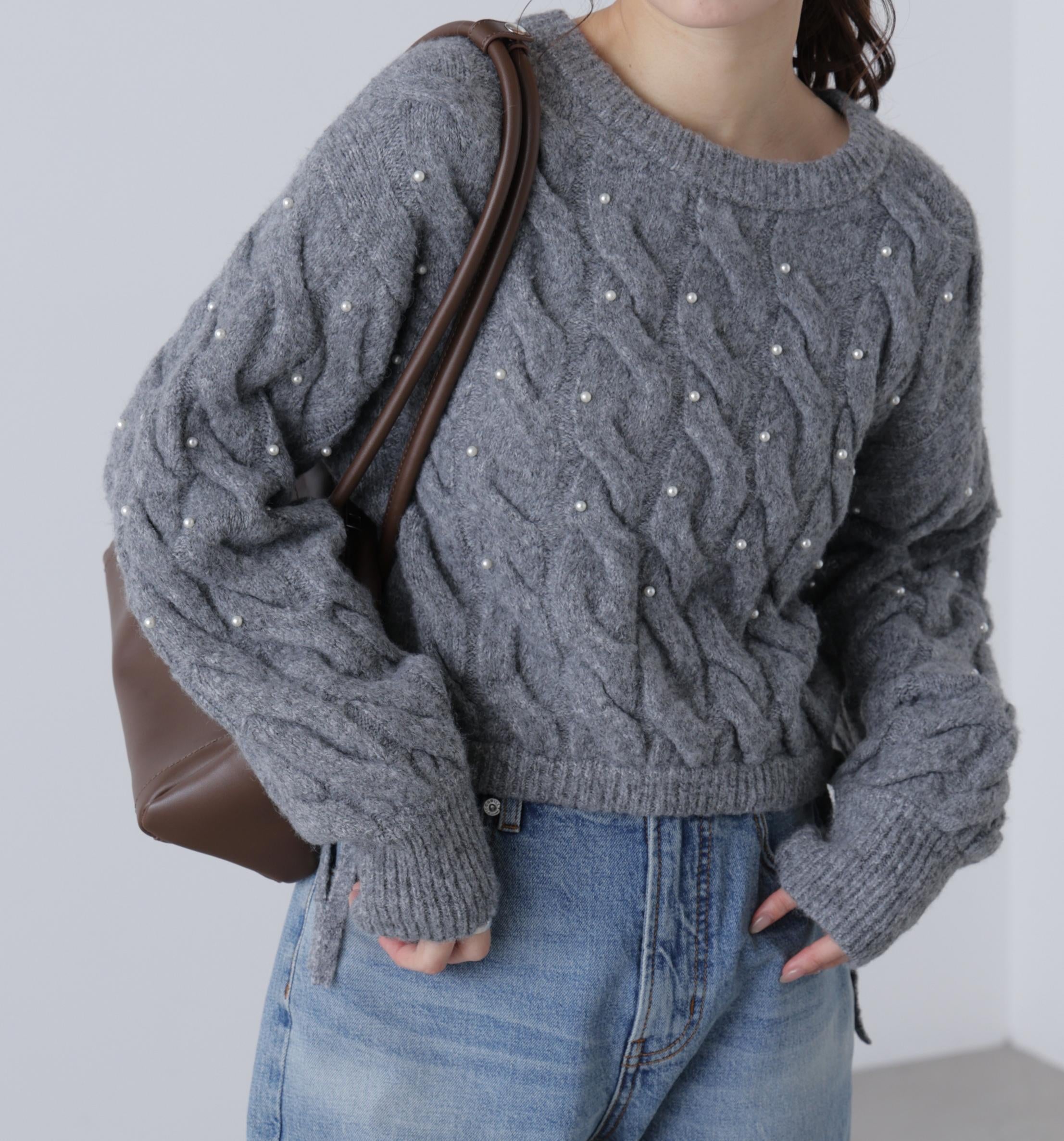 ウエストゴムパールミックスケーブルドロストニット グレー