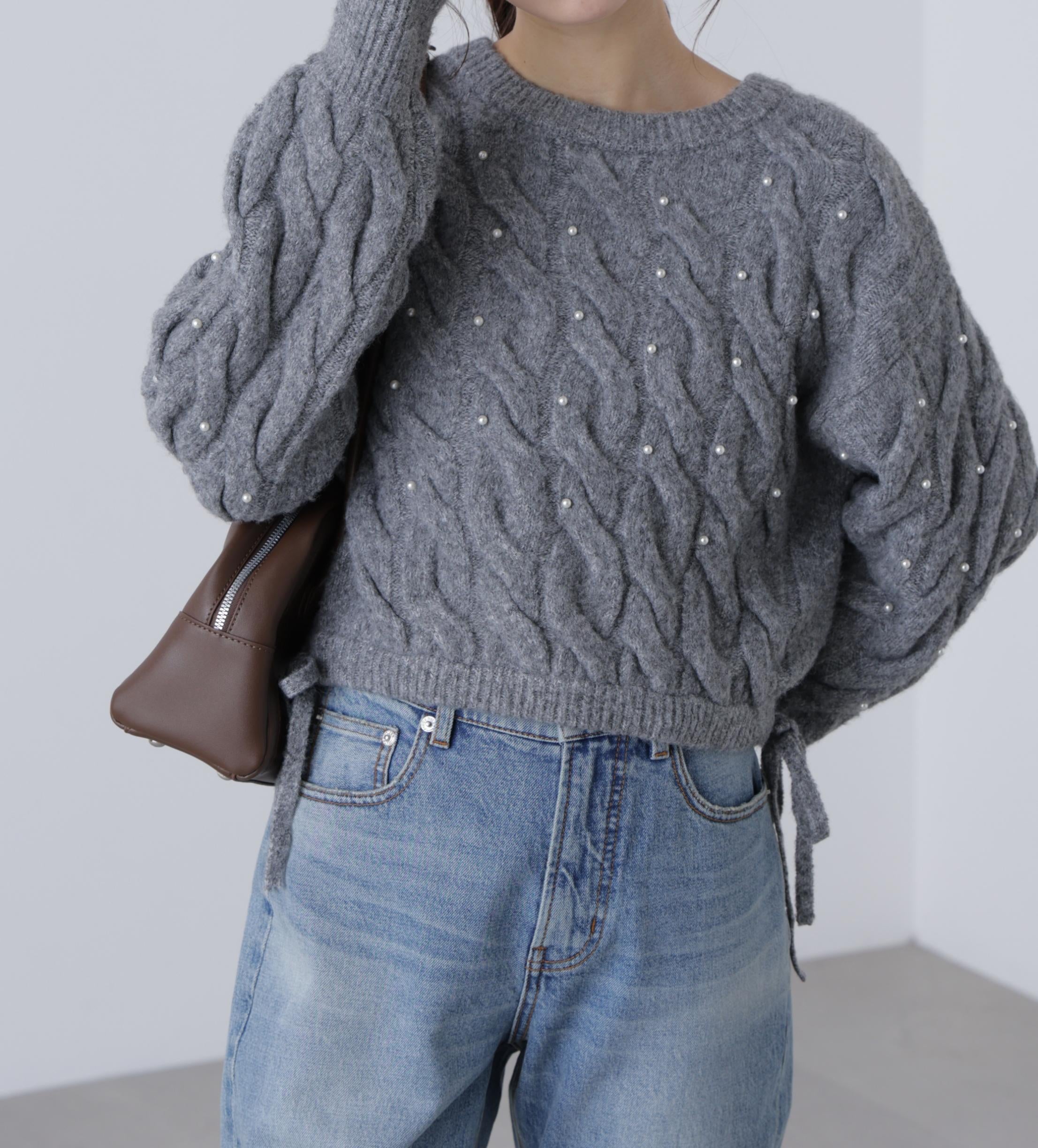 ウエストゴムパールミックスケーブルドロストニット グレー