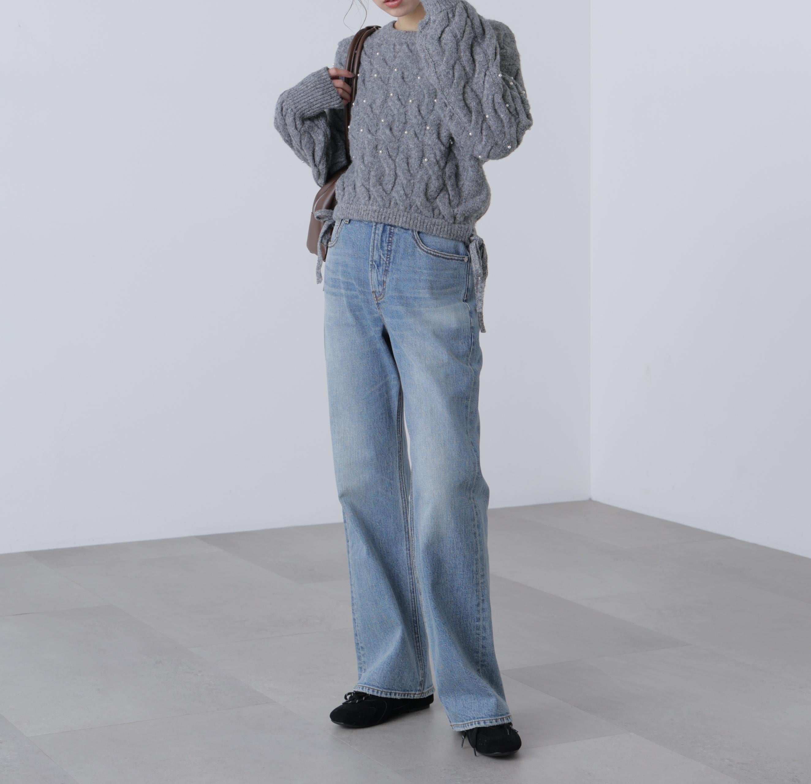 ウエストゴムパールミックスケーブルドロストニット グレー