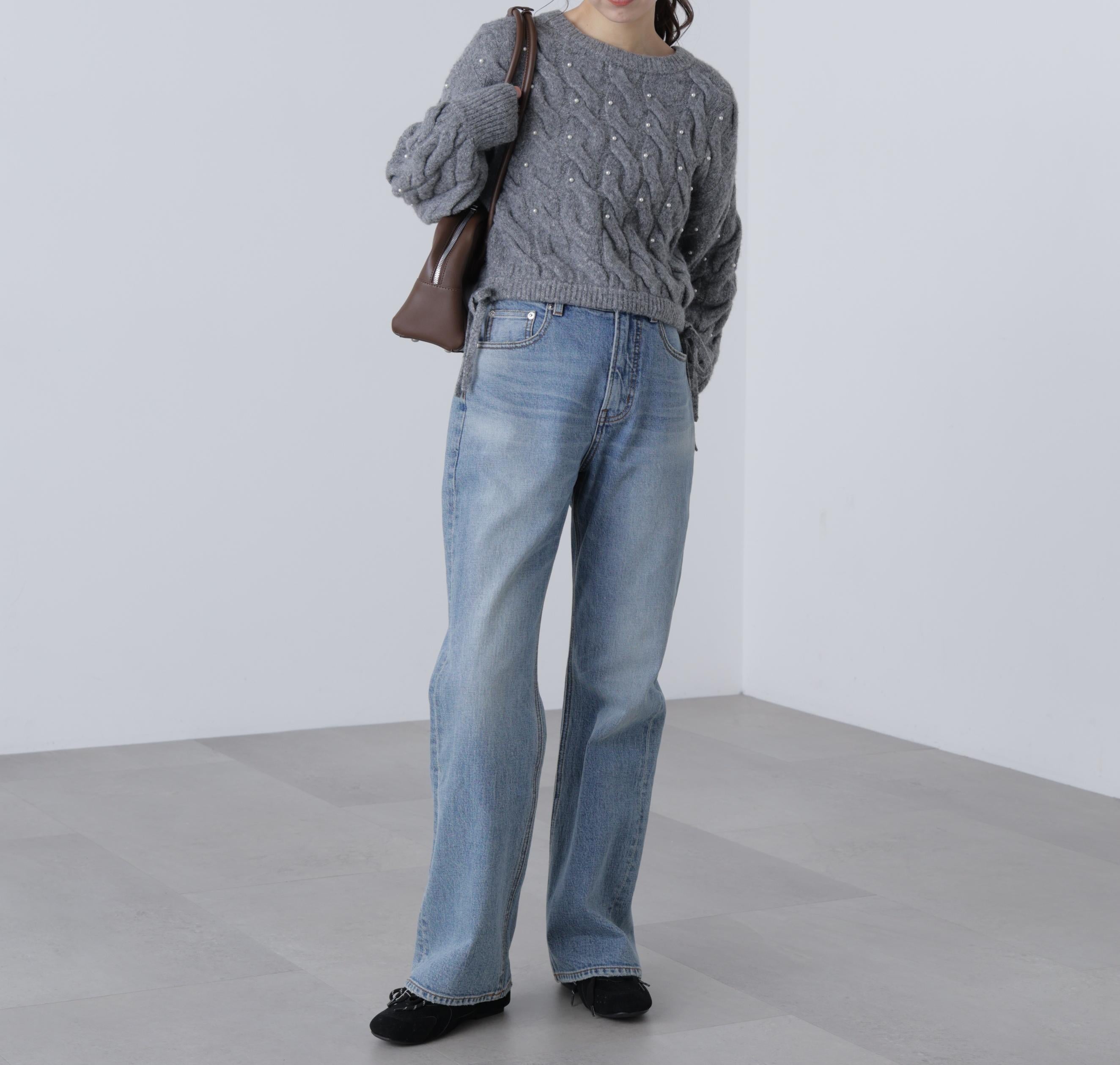 ウエストゴムパールミックスケーブルドロストニット グレー