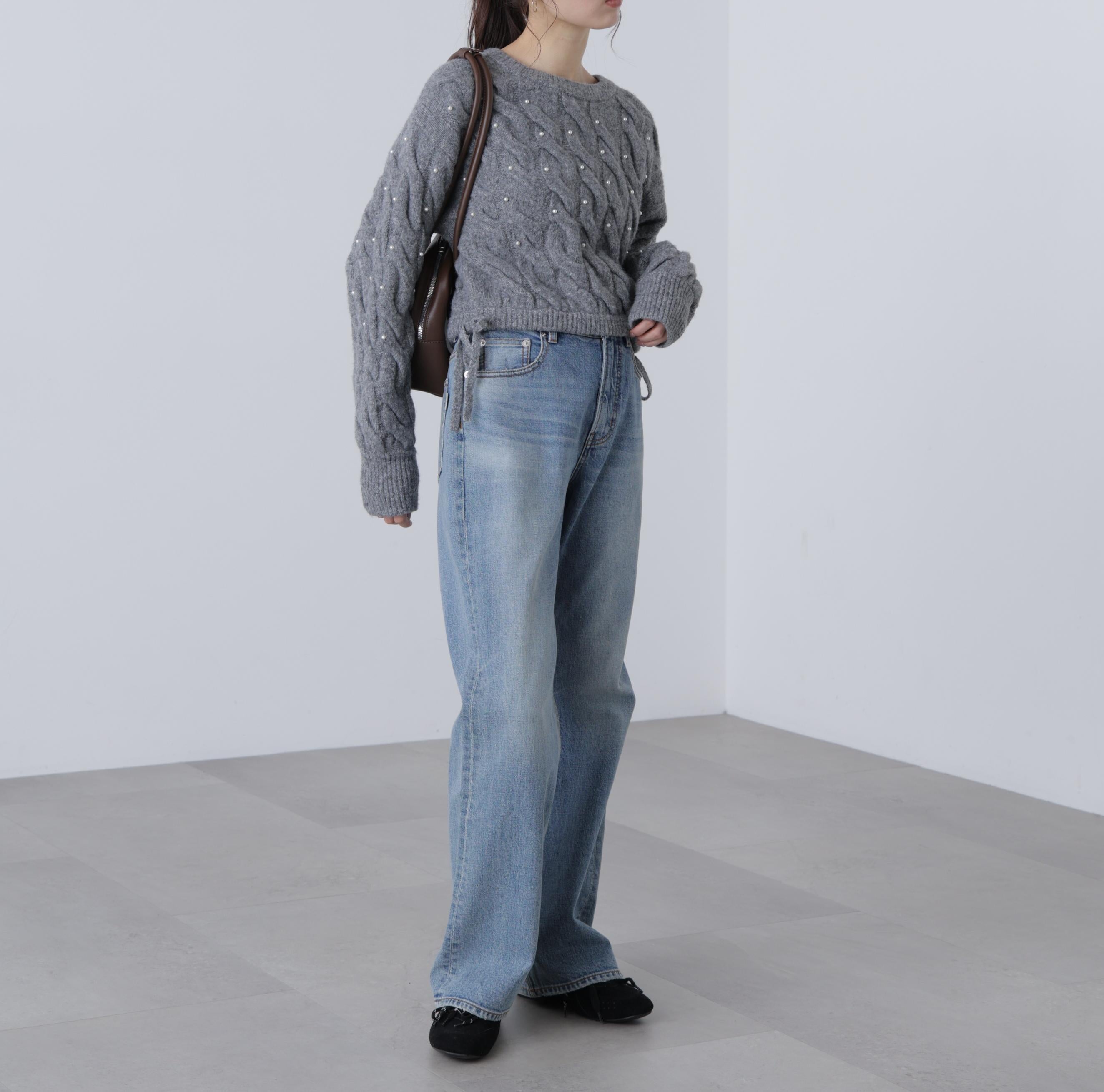 ウエストゴムパールミックスケーブルドロストニット グレー