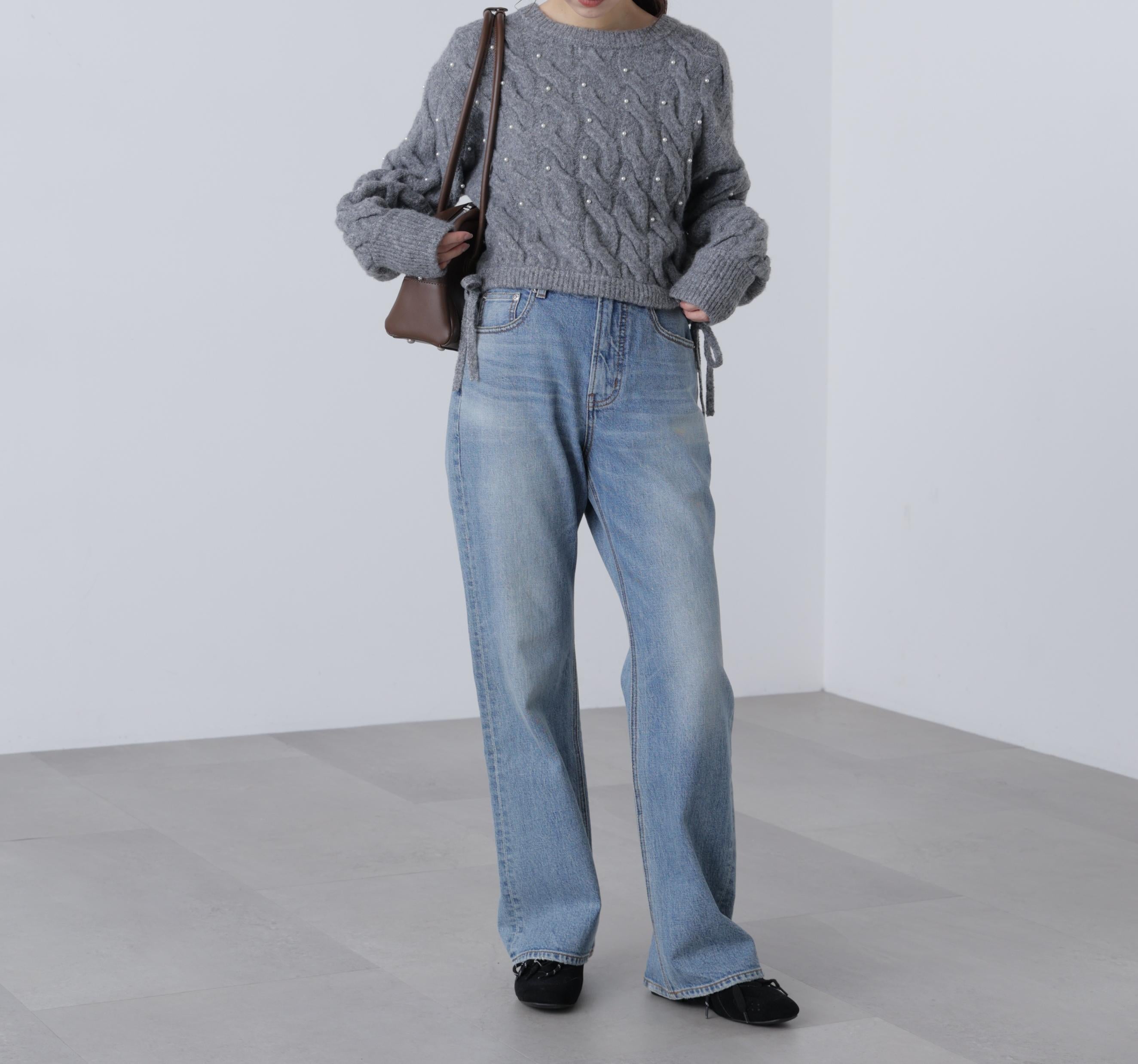 ウエストゴムパールミックスケーブルドロストニット グレー