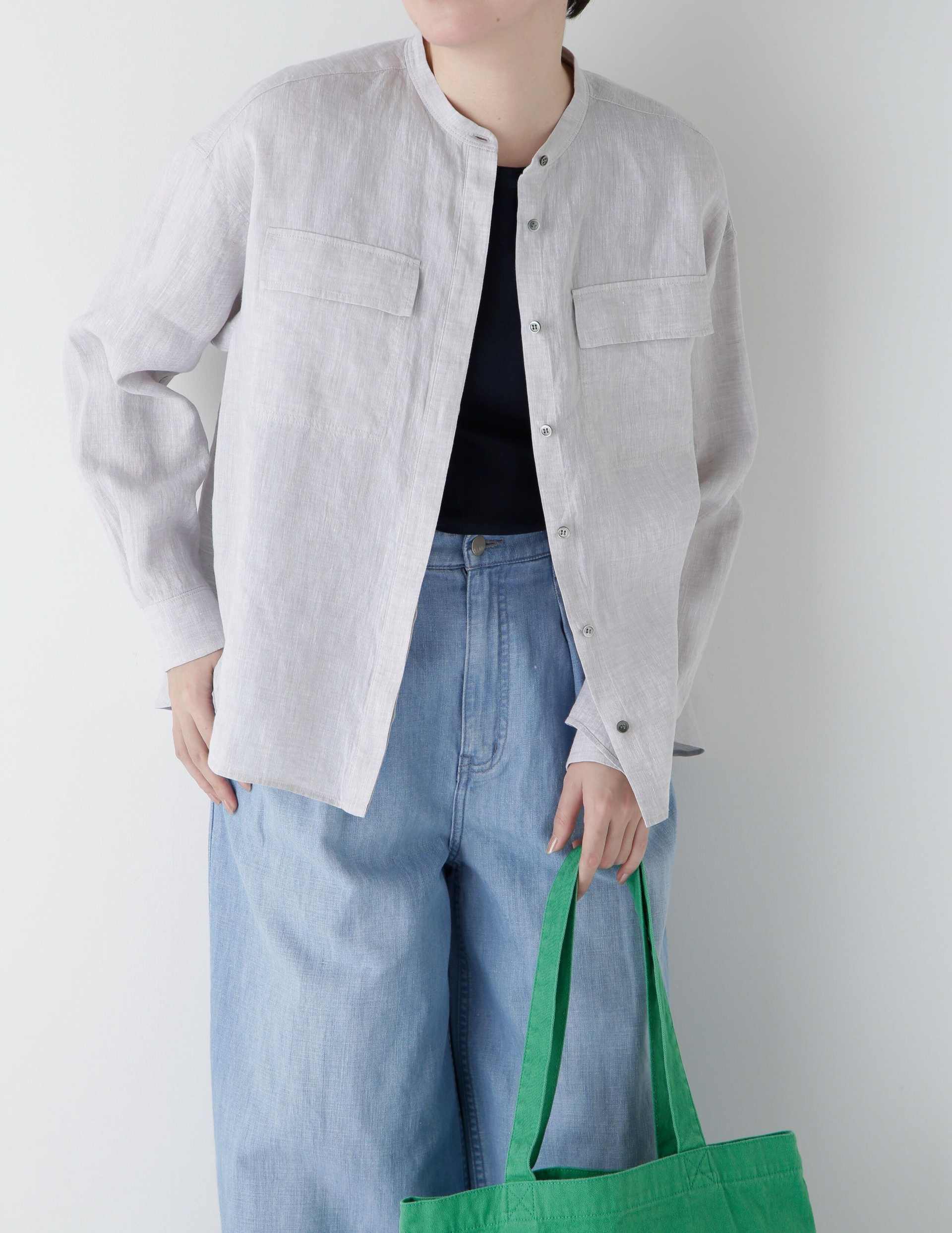 ◆ハードマンリネンバンドカラーシャツブラウス グレージュ2