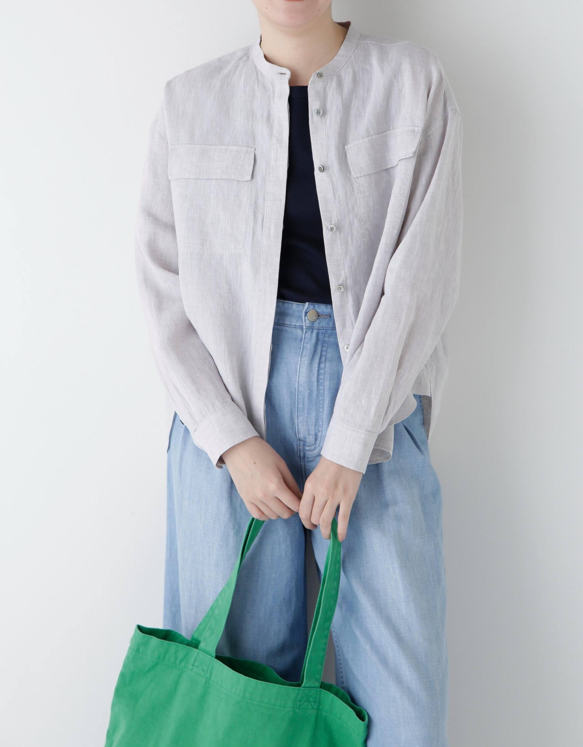 ◆ハードマンリネンバンドカラーシャツブラウス グレージュ2