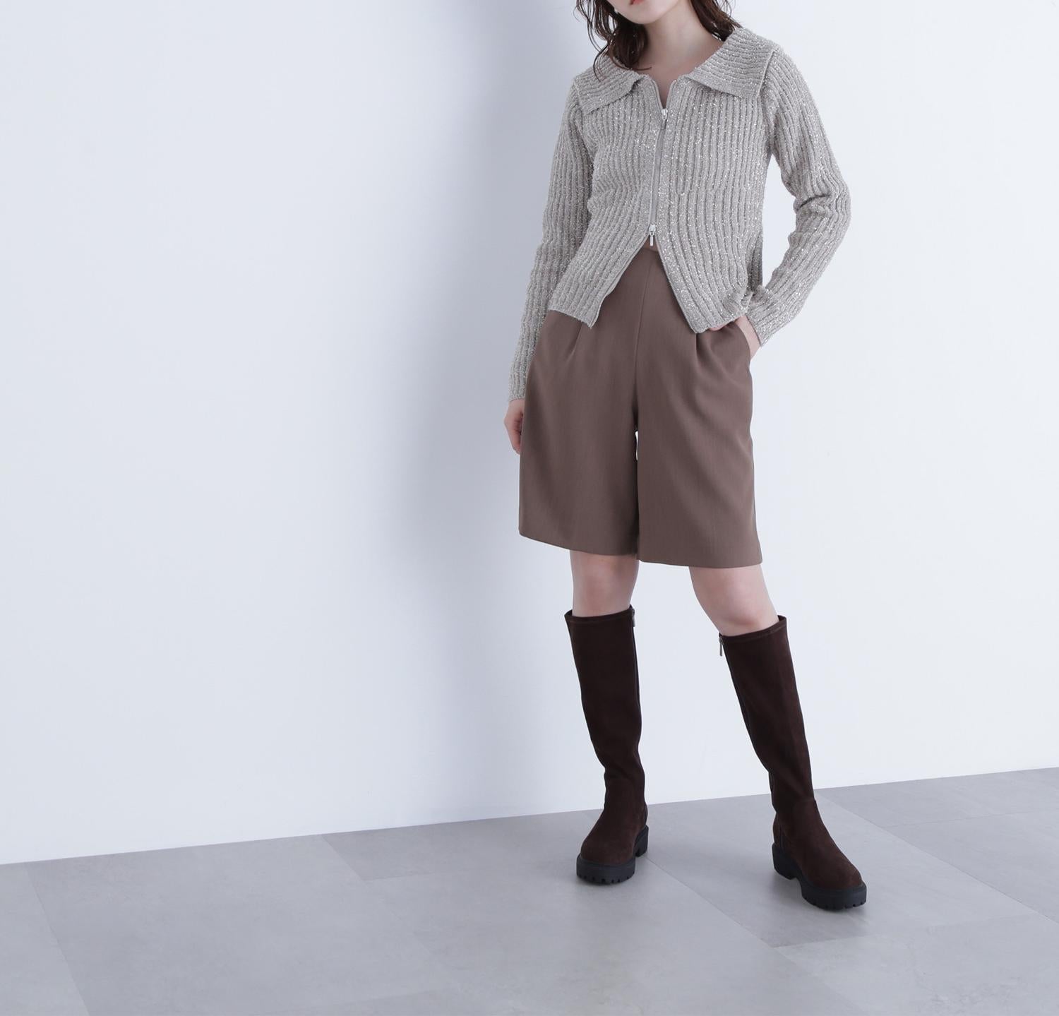 ラメシャギージップニット ベージュ