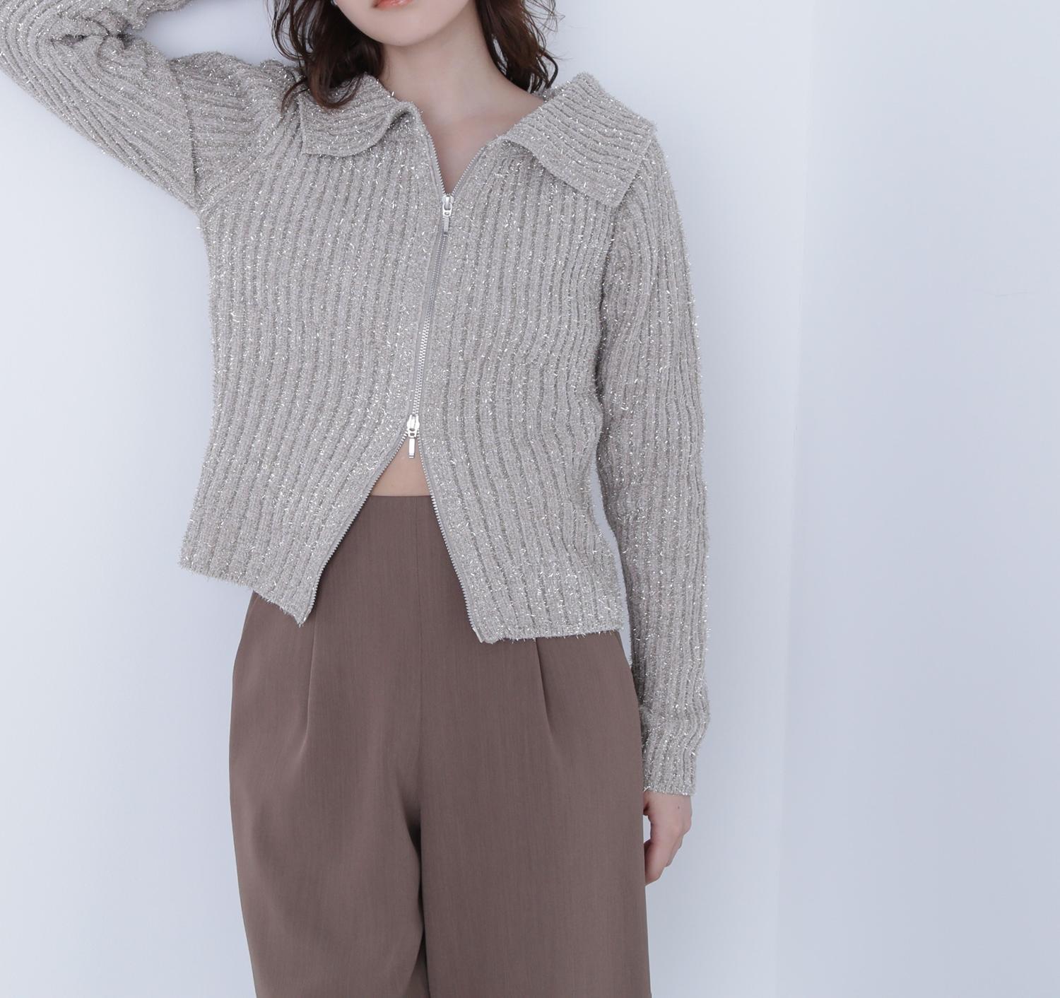 ラメシャギージップニット ベージュ