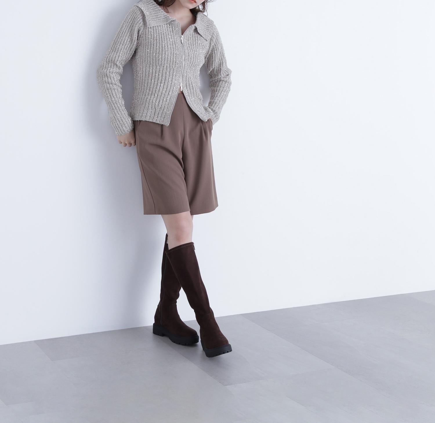 ラメシャギージップニット ベージュ