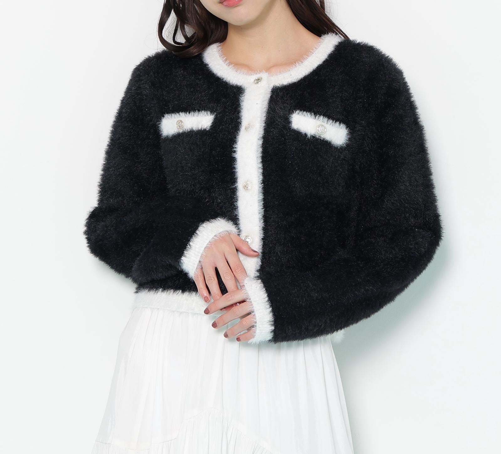 スパンコールフェザーニットジャケット ブラック×ホワイト1