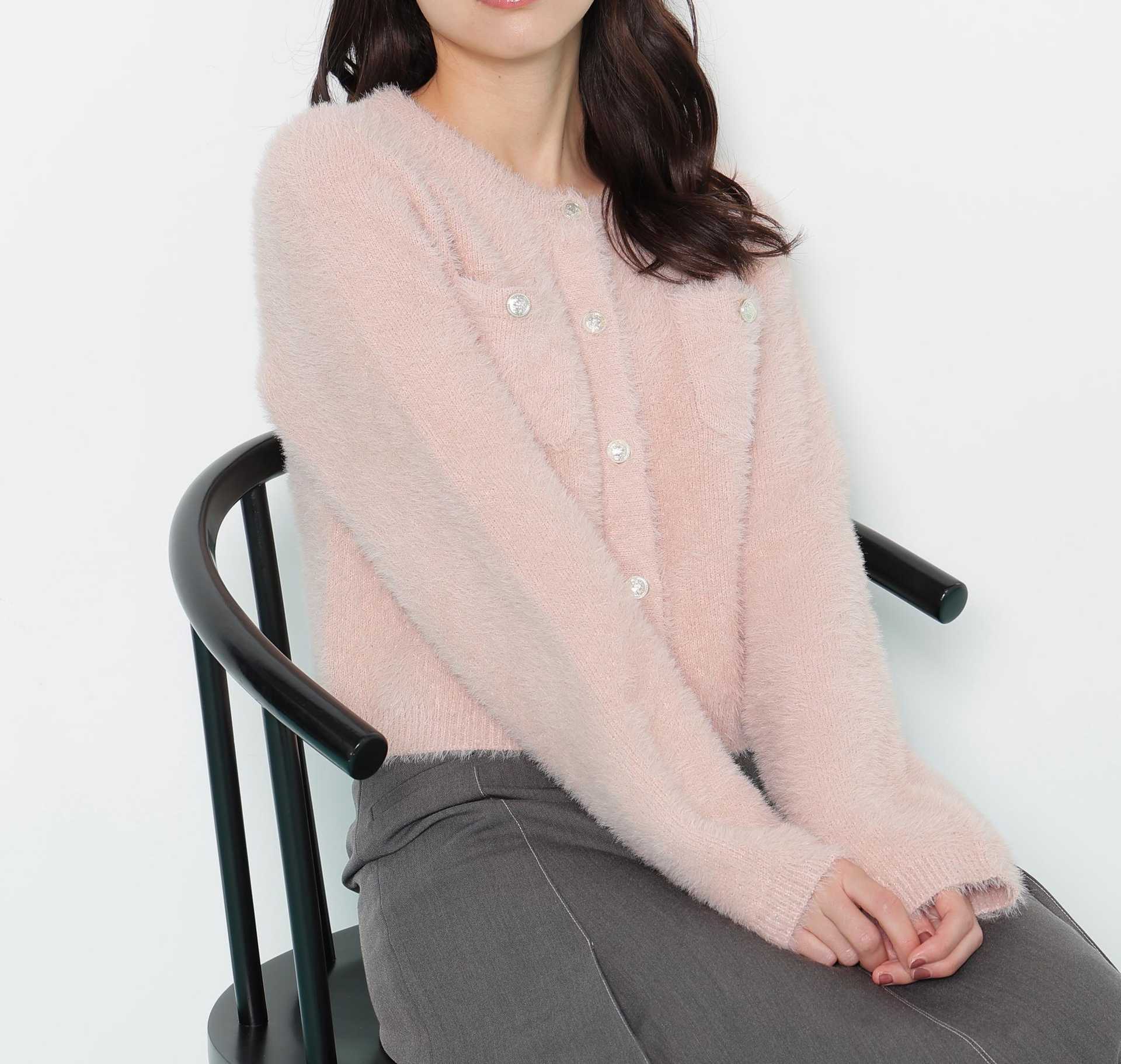 スパンコールフェザーニットジャケット ピンク