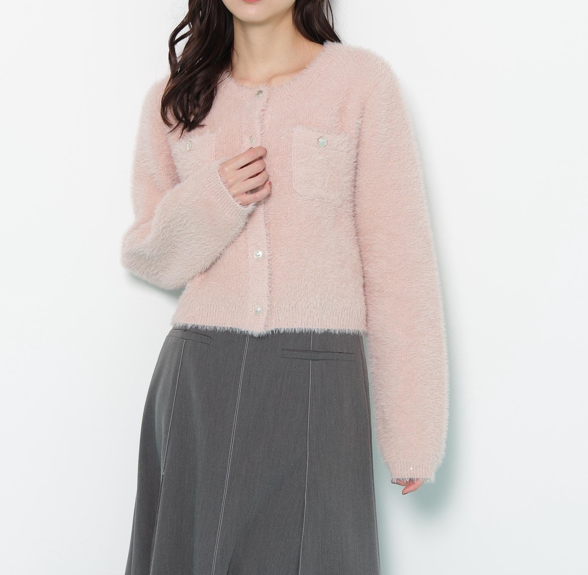 スパンコールフェザーニットジャケット ピンク