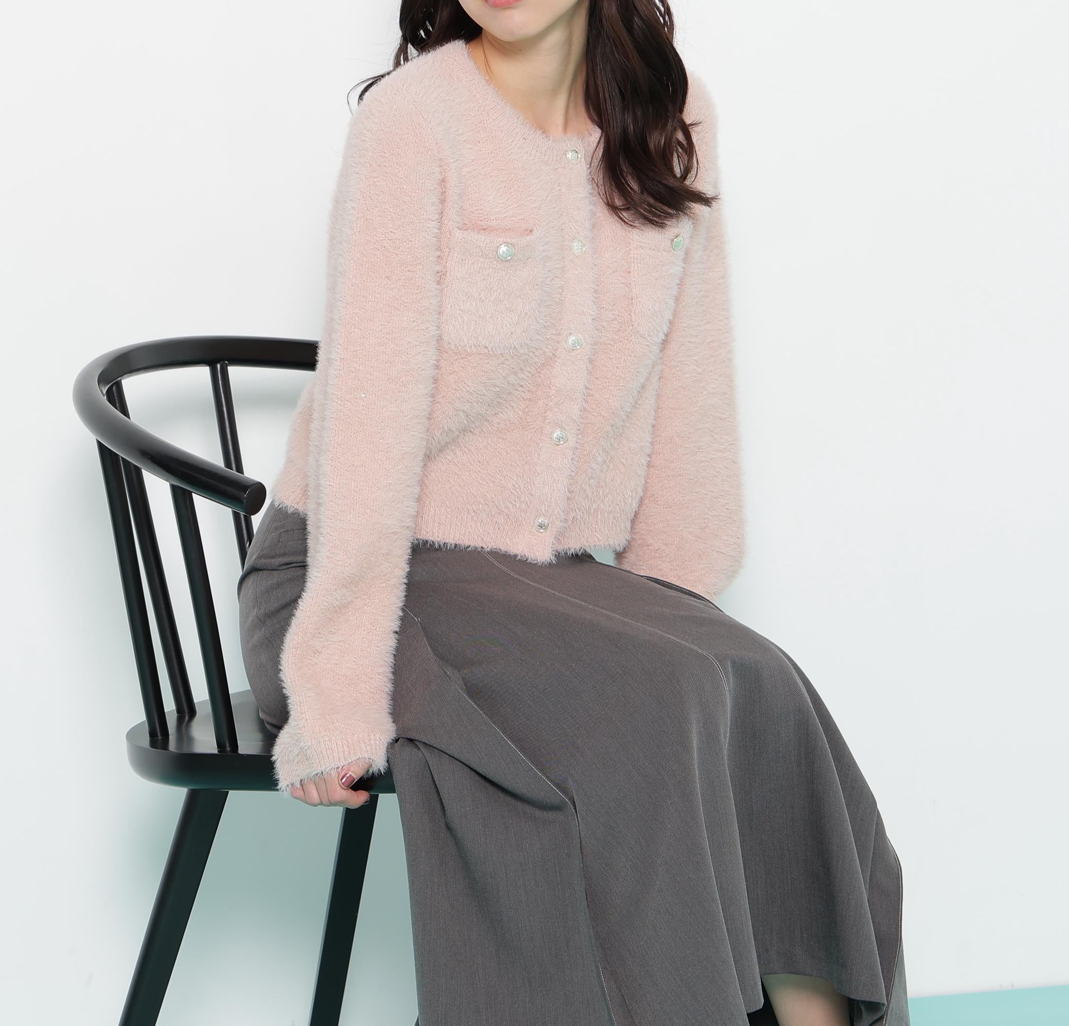 スパンコールフェザーニットジャケット ピンク