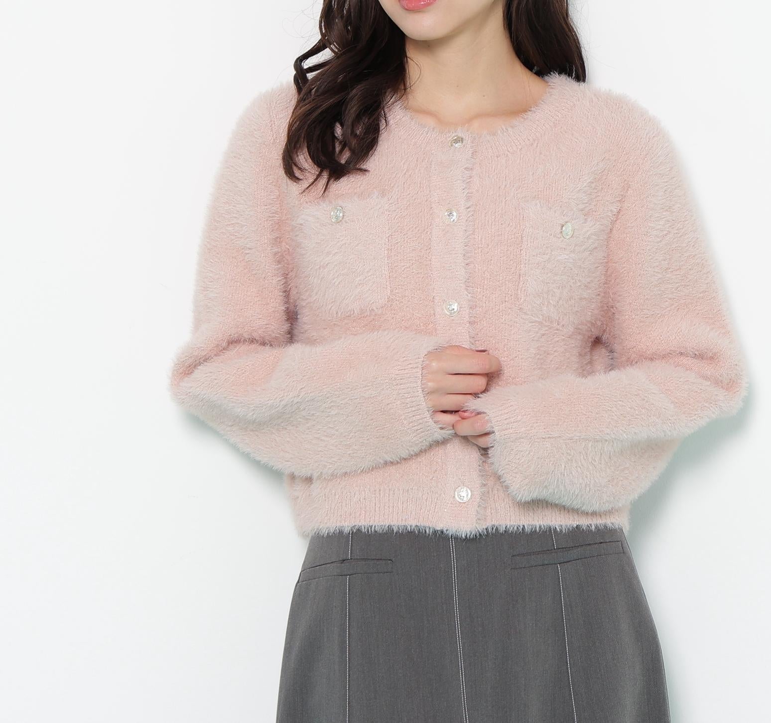 スパンコールフェザーニットジャケット ピンク