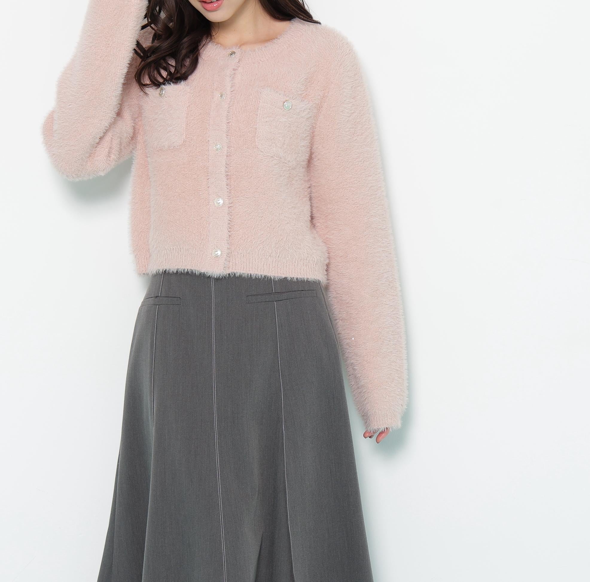 スパンコールフェザーニットジャケット ピンク