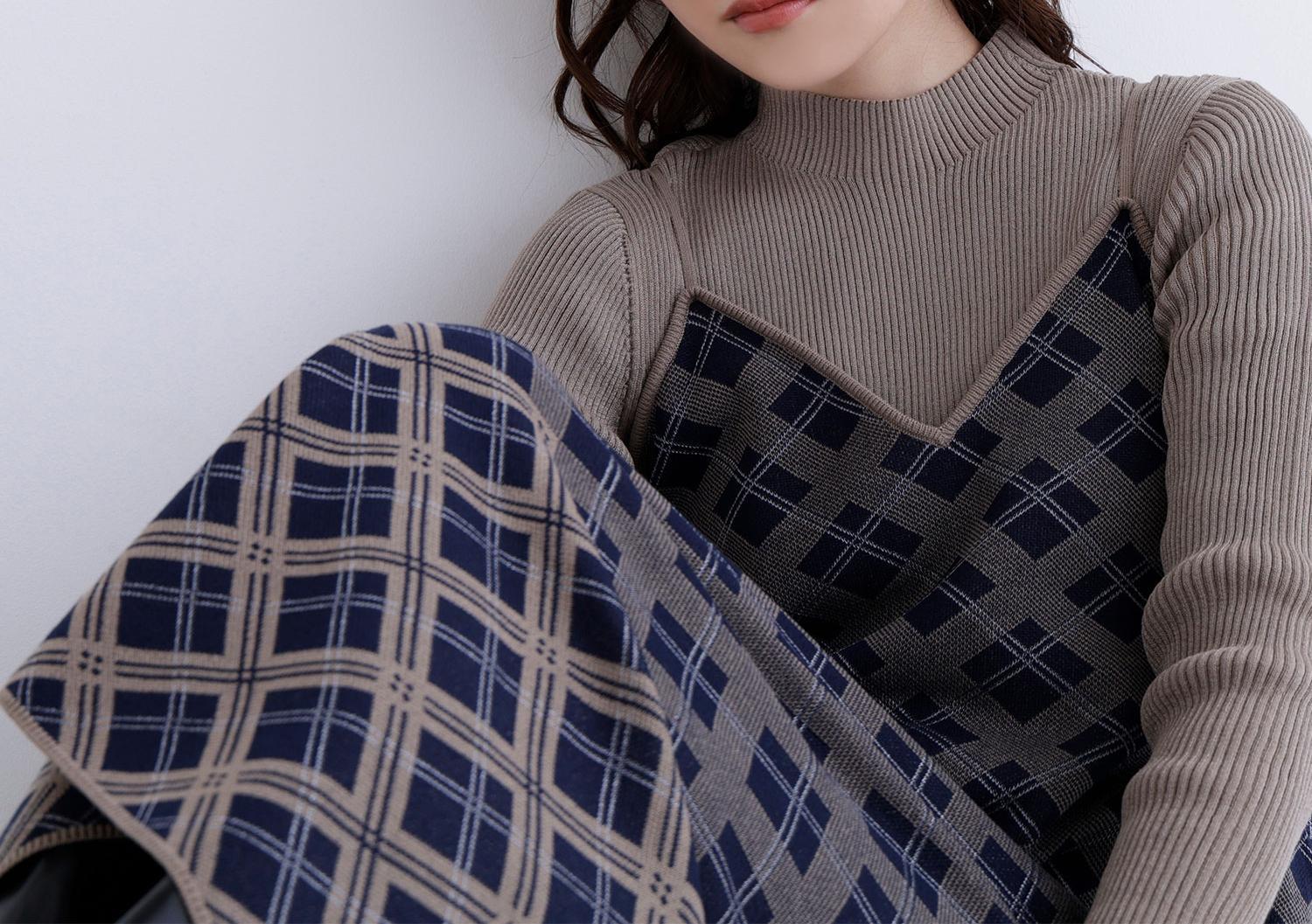 チェックニットキャミワンピースセット ネイビー系2