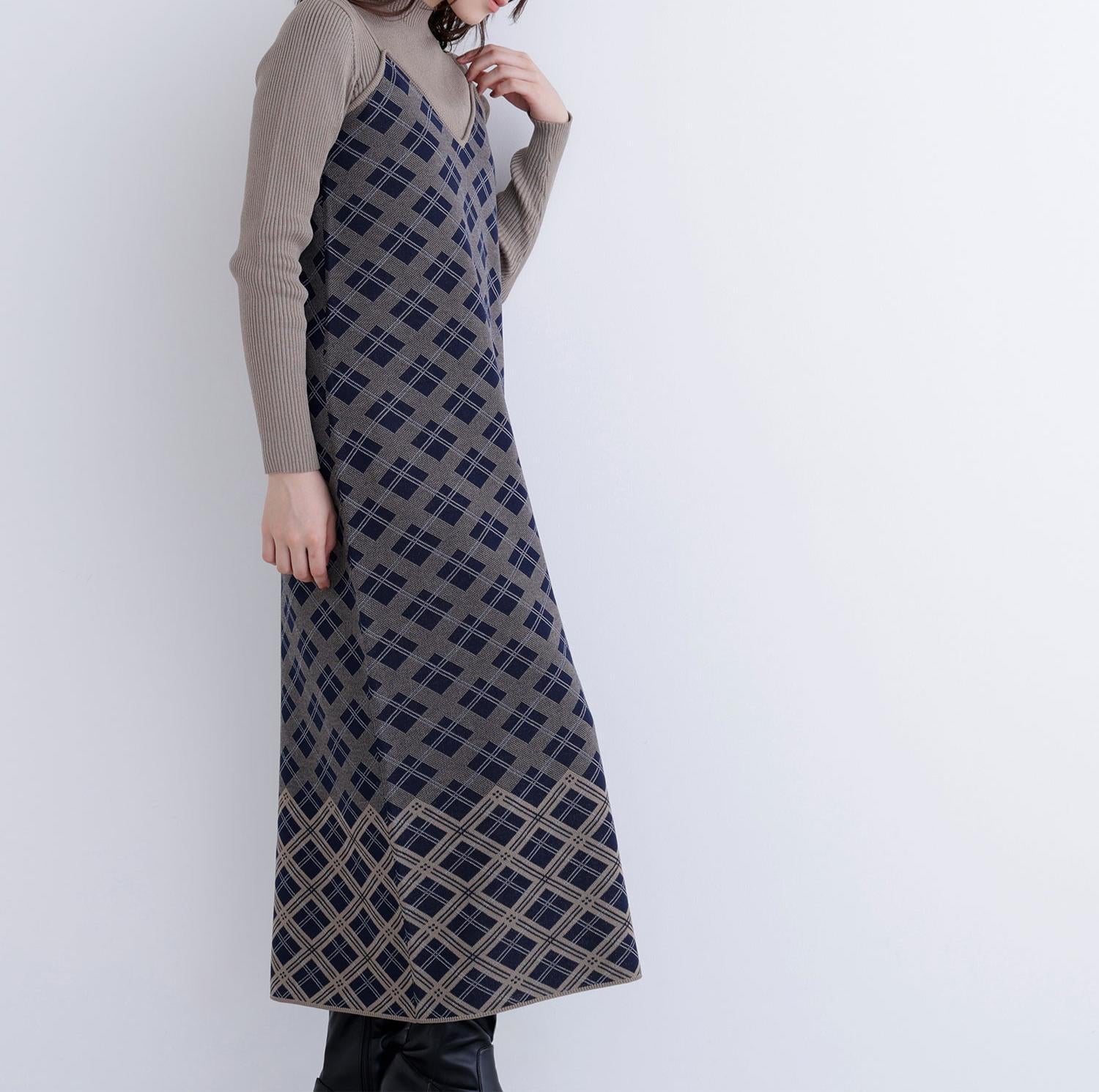 チェックニットキャミワンピースセット ネイビー系2