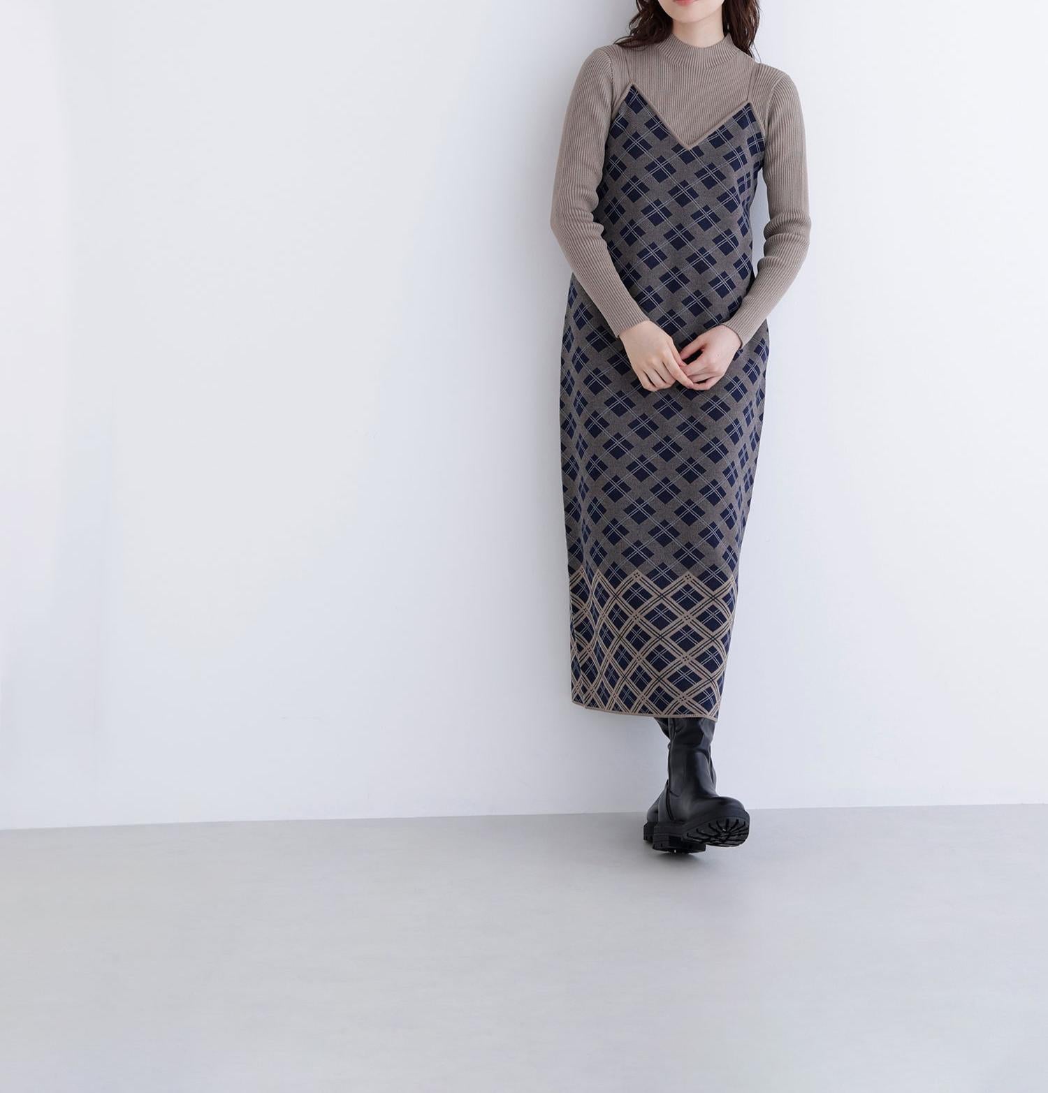 チェックニットキャミワンピースセット ネイビー系2