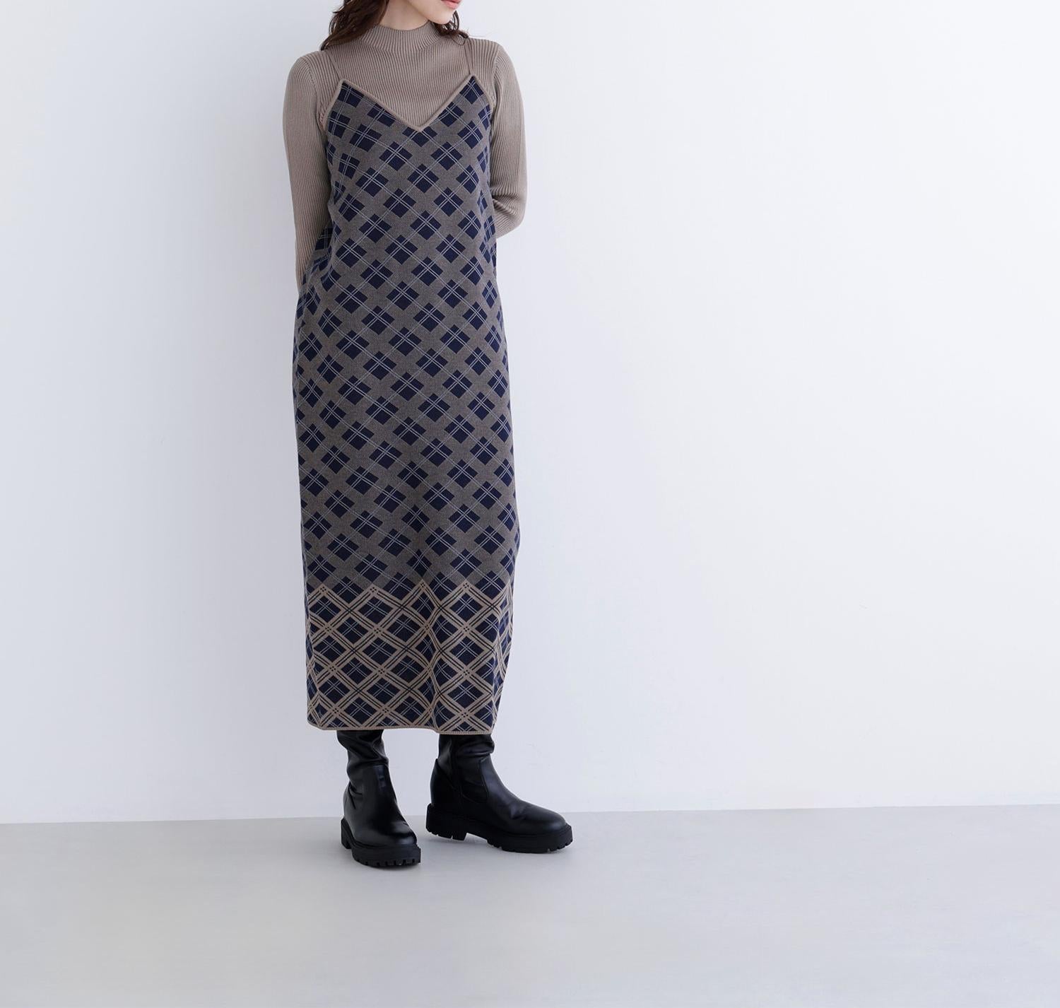 チェックニットキャミワンピースセット ネイビー系2