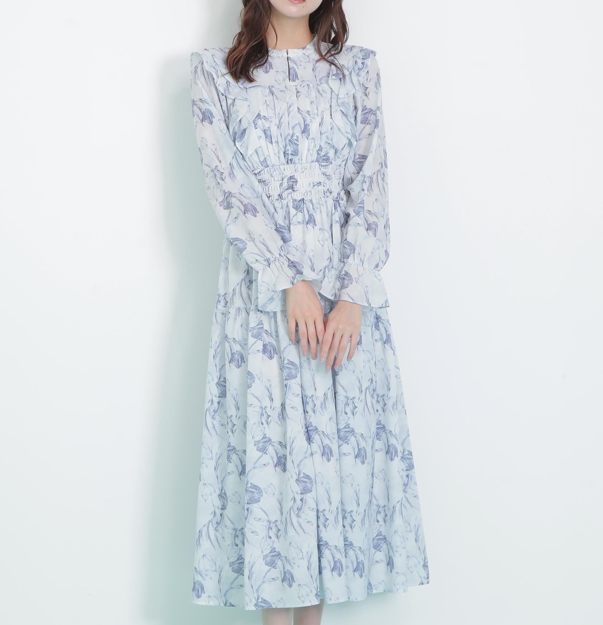 ピンタック花柄ワンピース ブルー