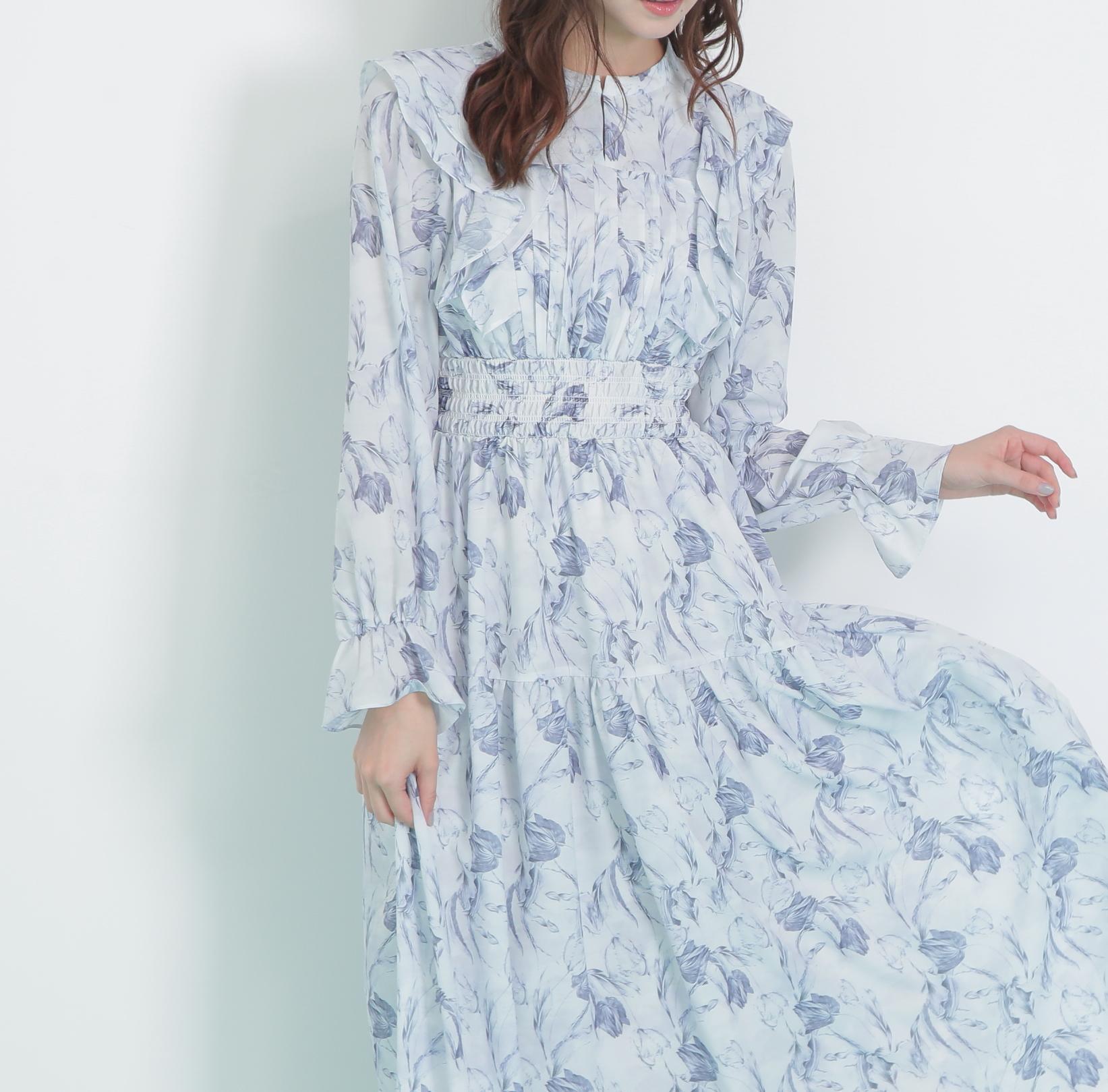 ピンタック花柄ワンピース ブルー