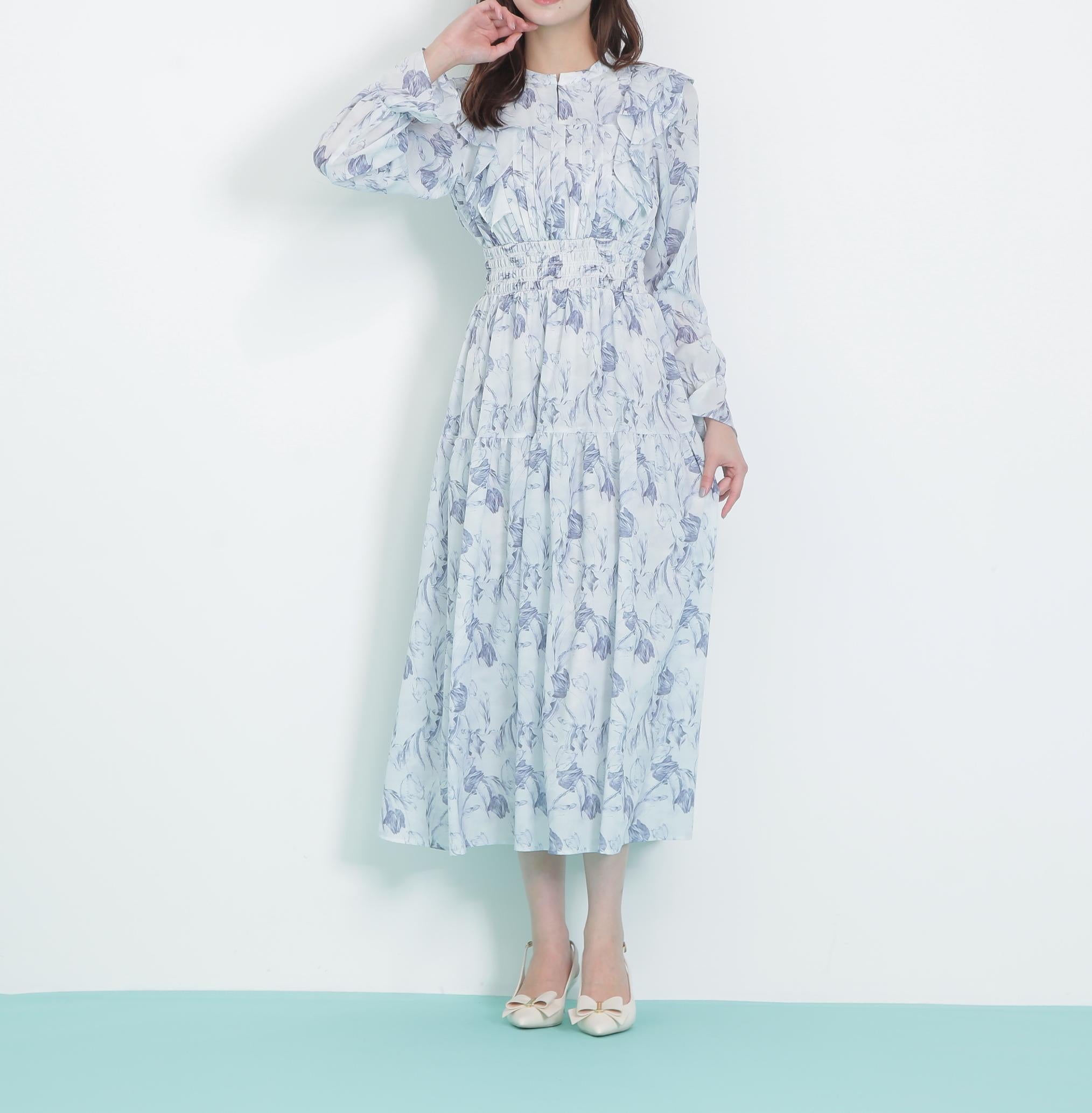 ピンタック花柄ワンピース ブルー