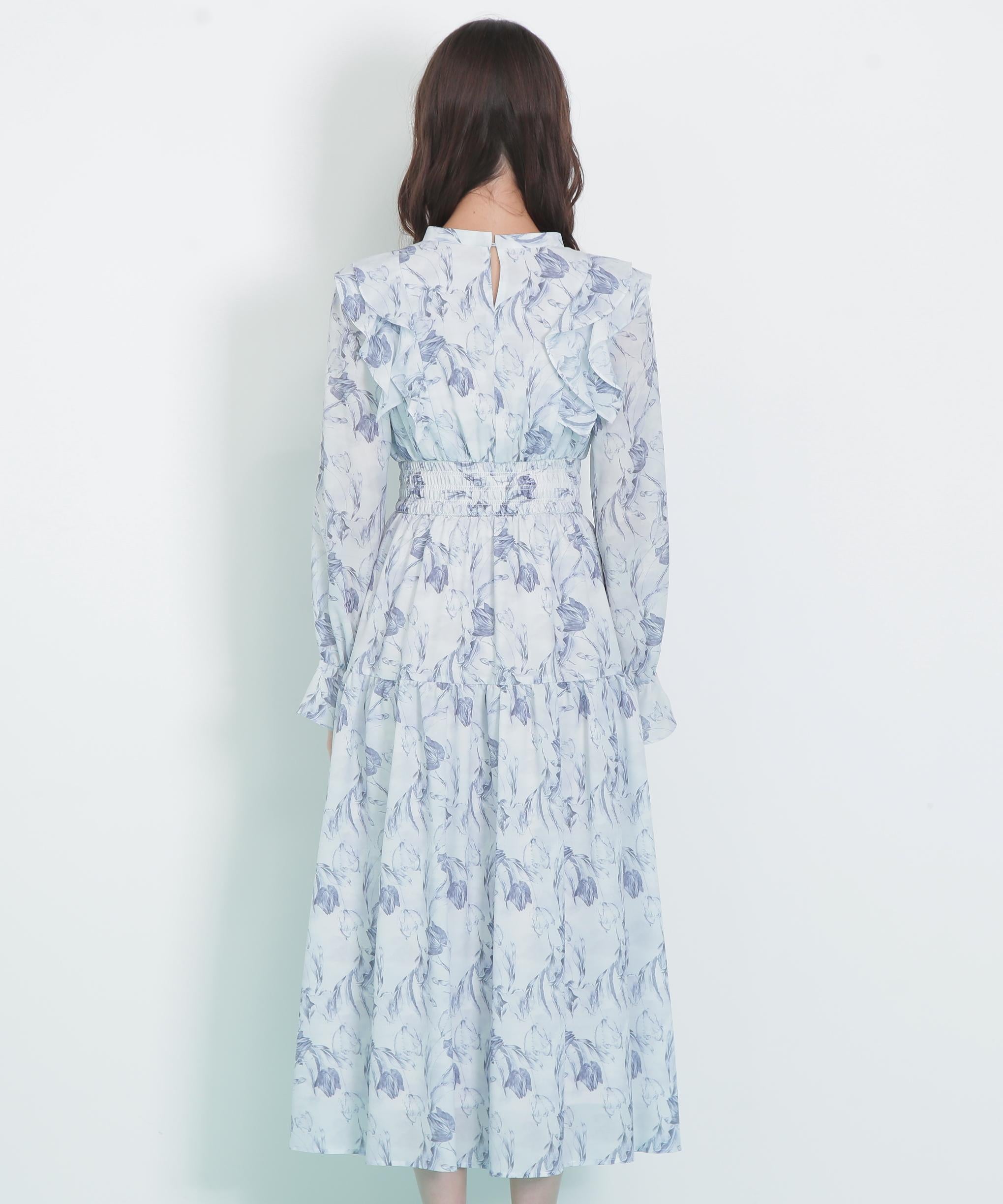 ピンタック花柄ワンピース ブルー