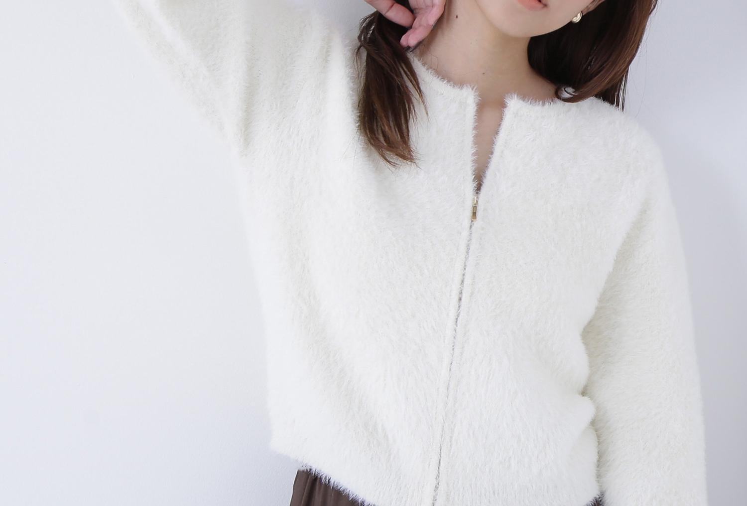 ヘアリージップカーディガン オフホワイト1