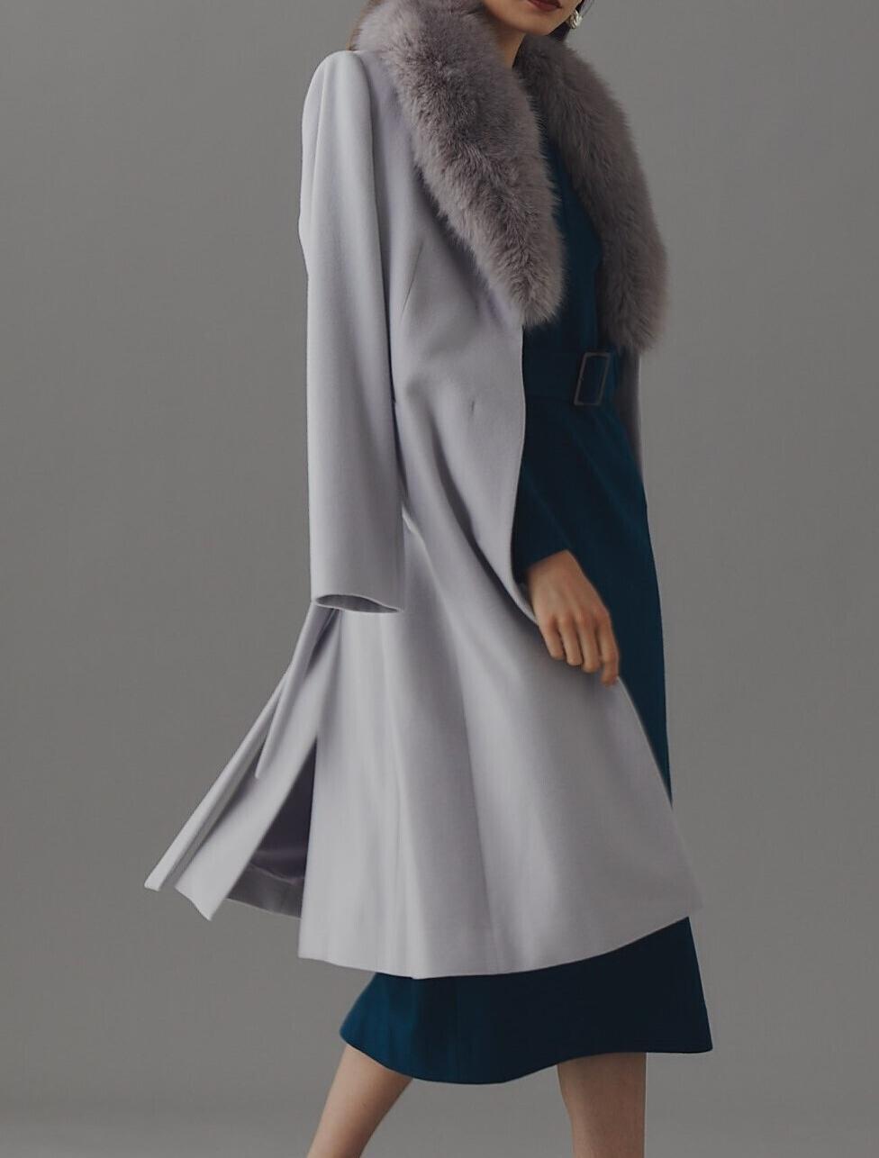 カシミヤ混ベルテッドコート グレー