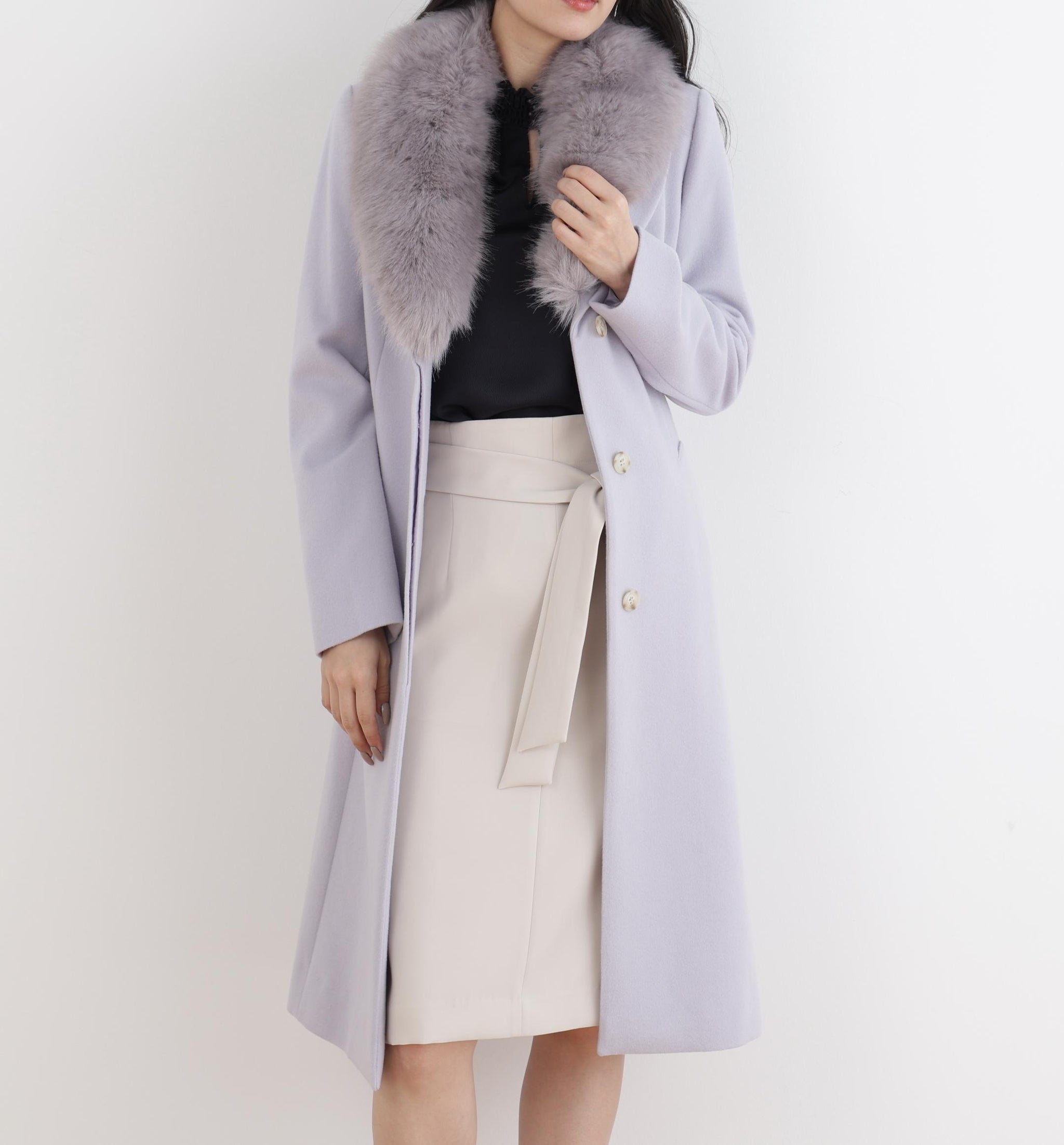 カシミヤ混ベルテッドコート グレー