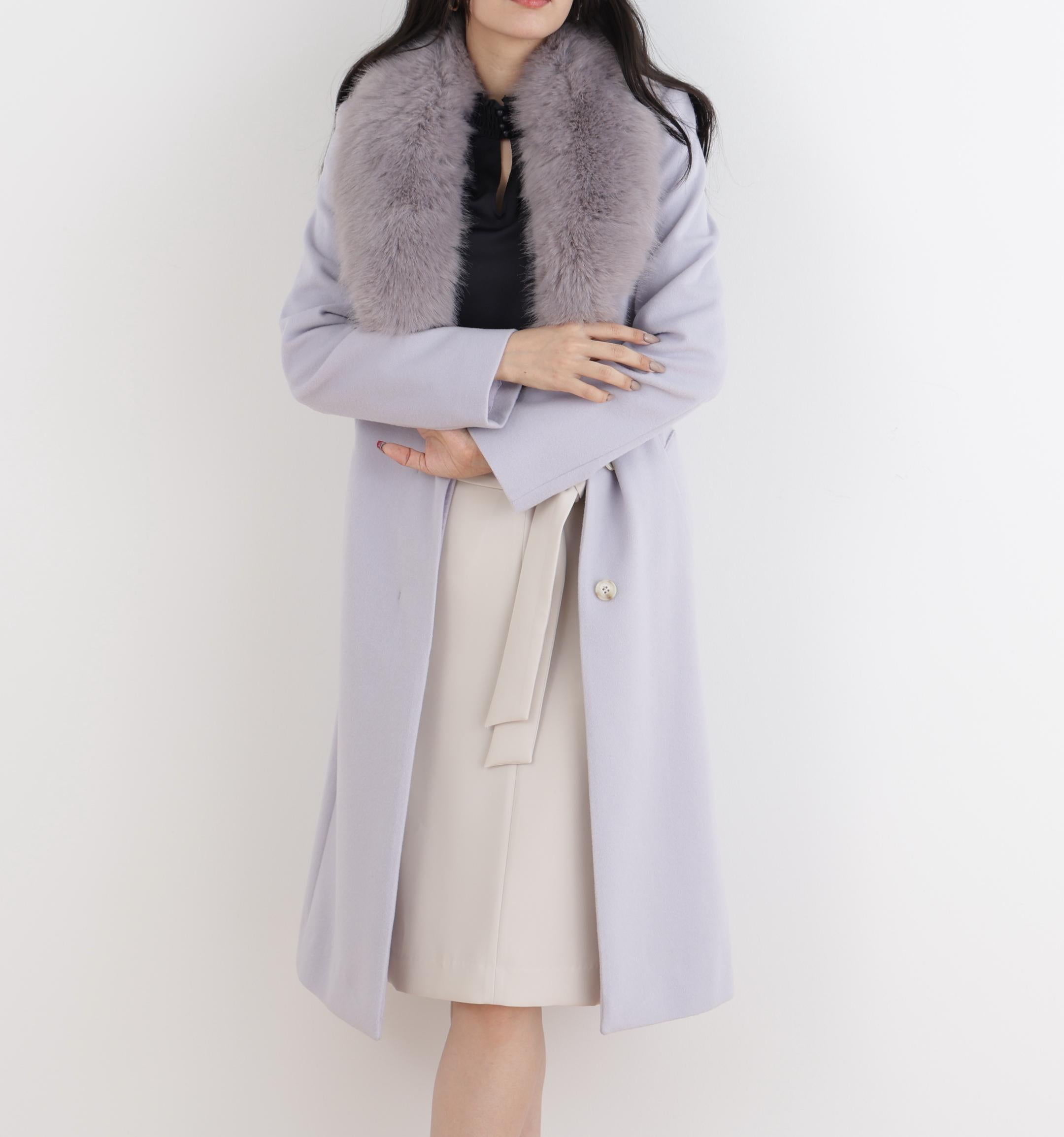 カシミヤ混ベルテッドコート グレー