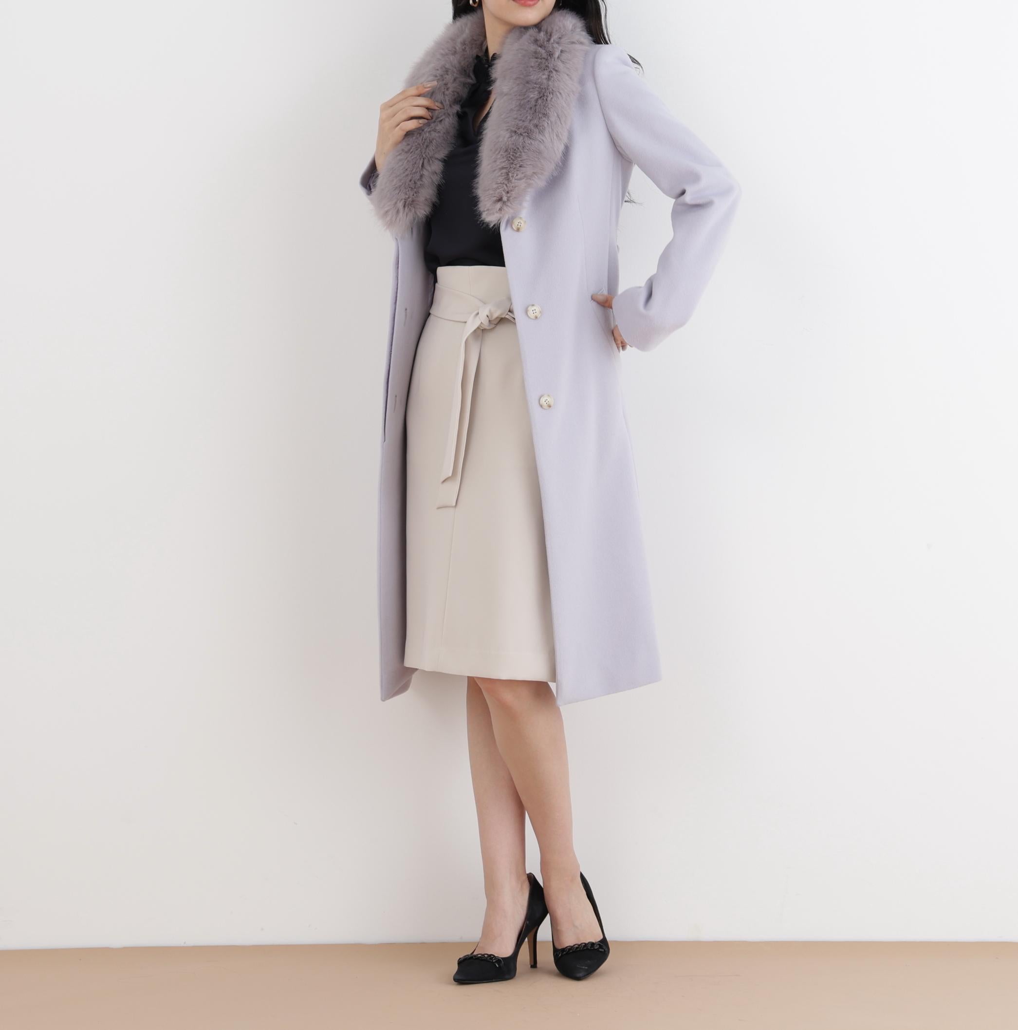 カシミヤ混ベルテッドコート グレー