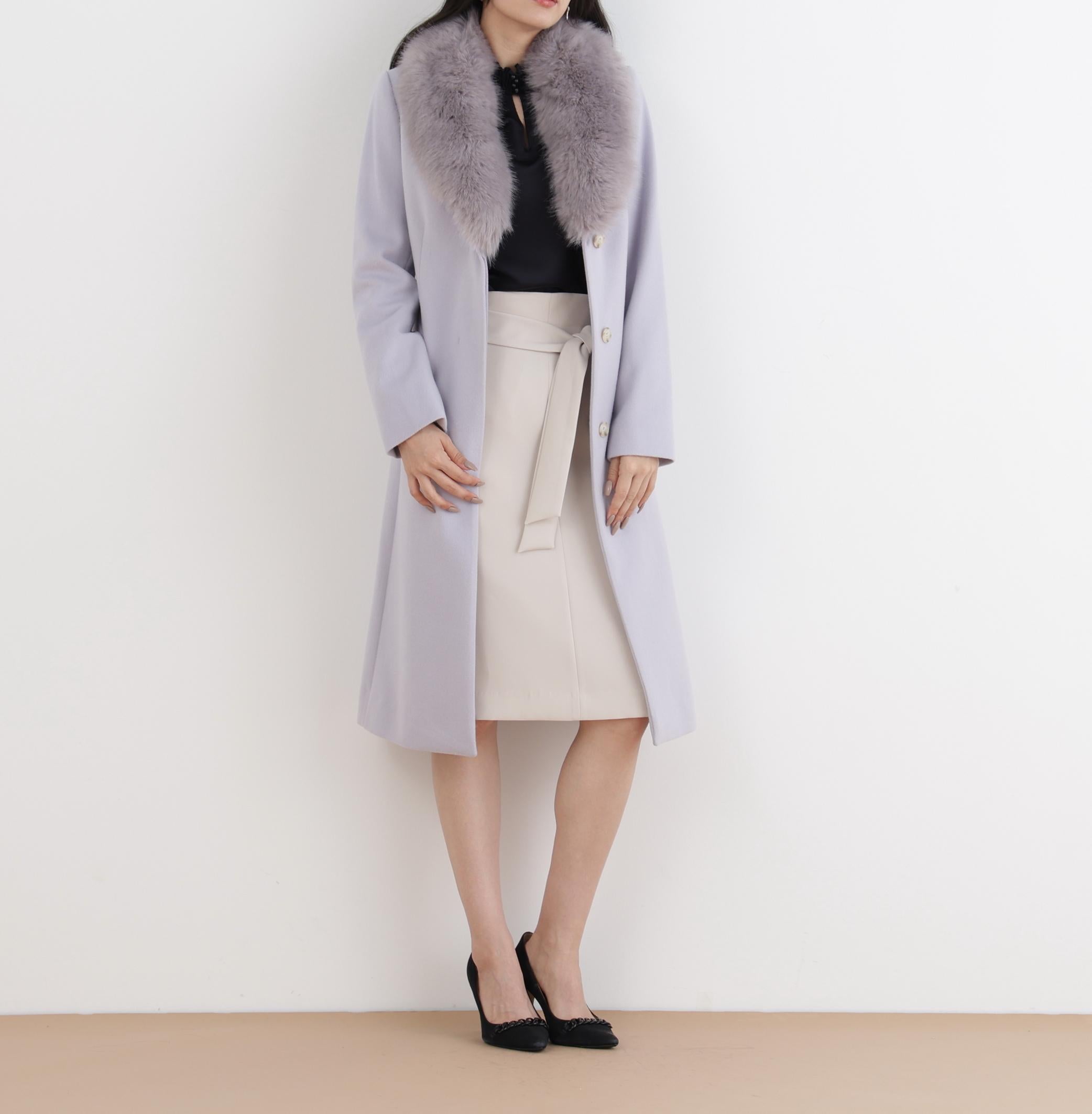 カシミヤ混ベルテッドコート グレー