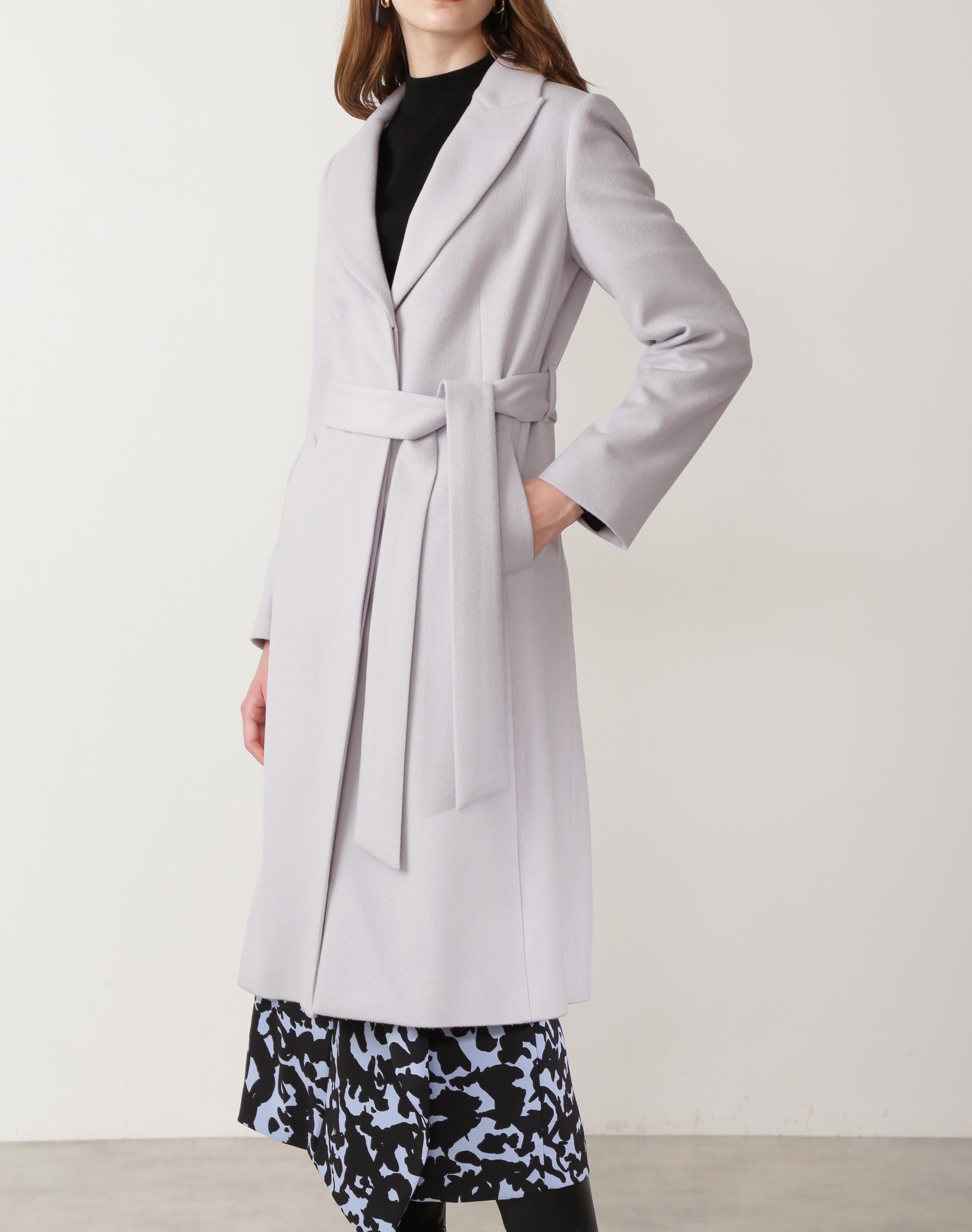 カシミヤ混ベルテッドコート グレー