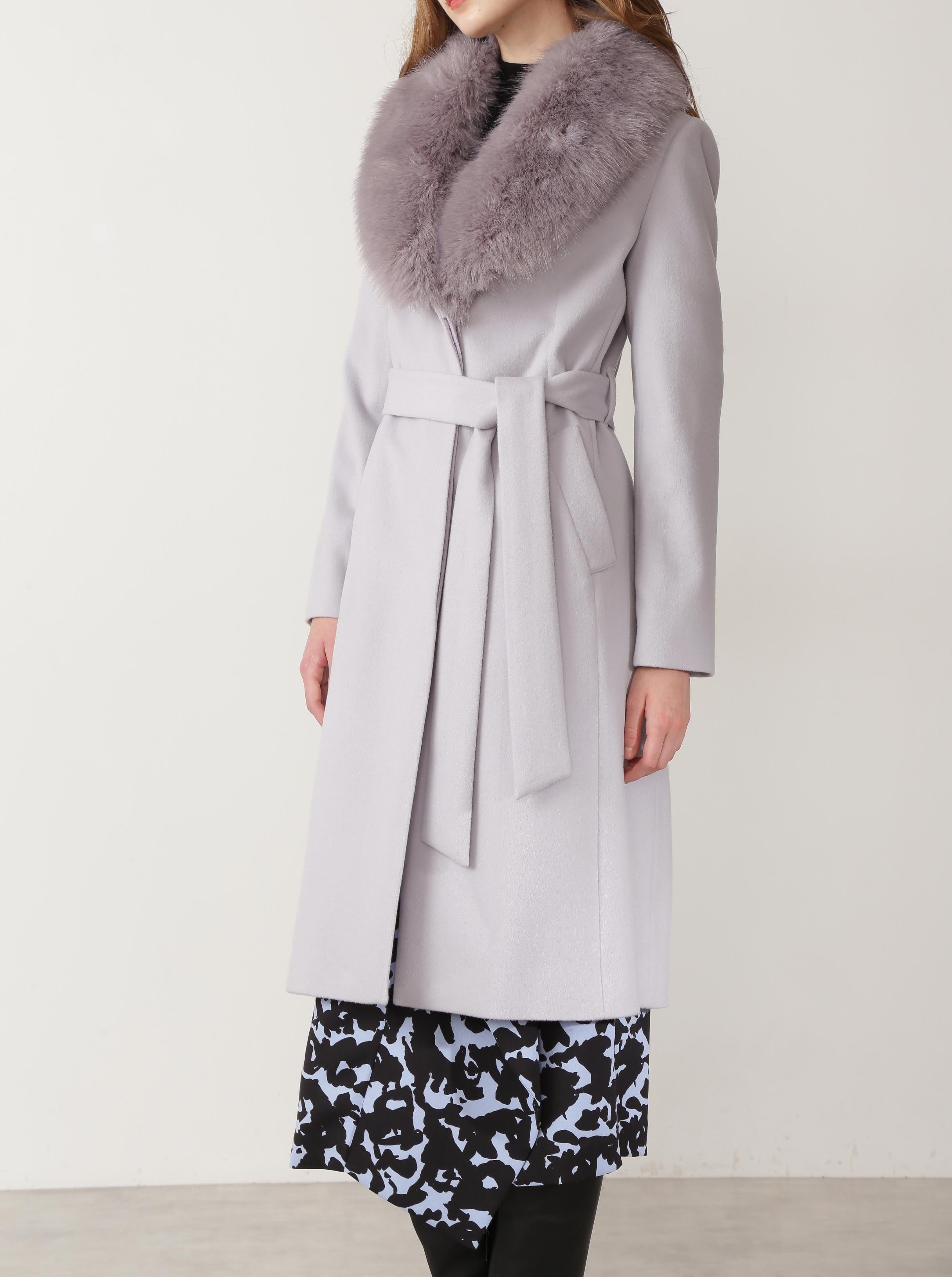 カシミヤ混ベルテッドコート グレー