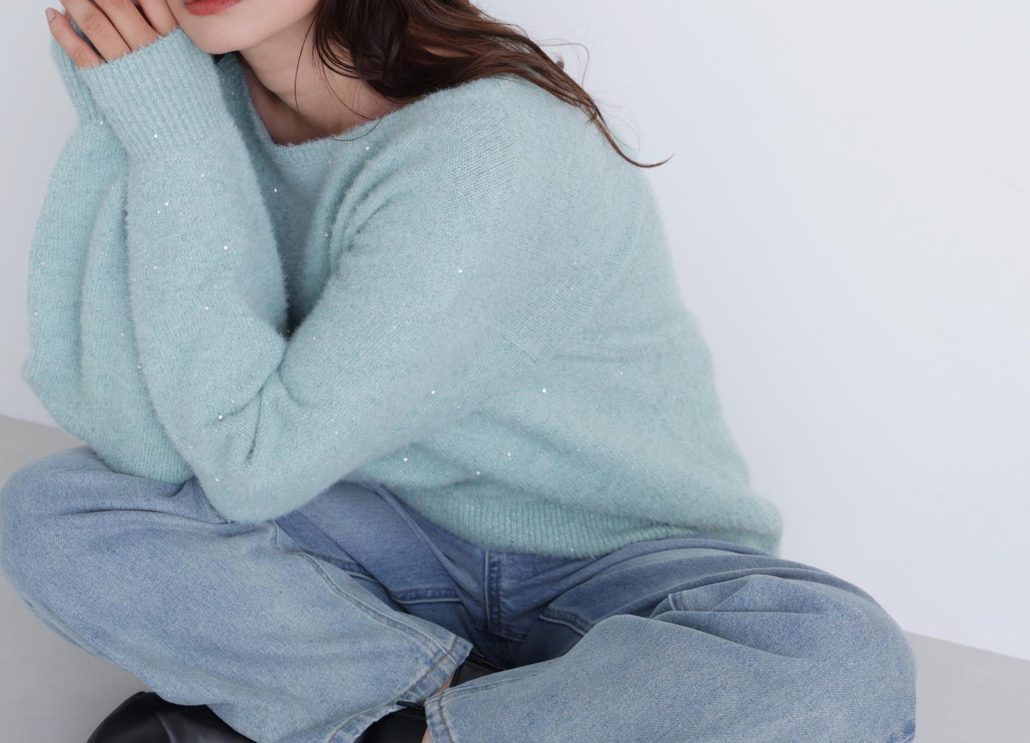 スパンコールフェザーラメニット ミントグリーン